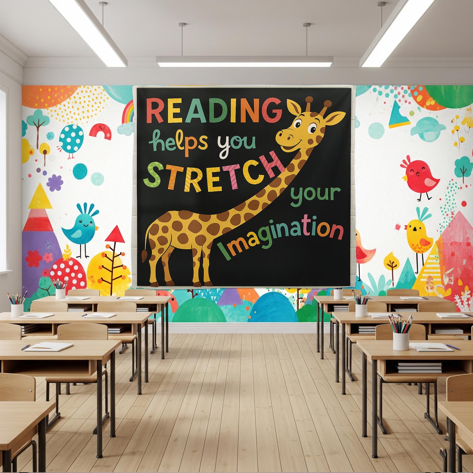Reading Giraffe Classroom Tapestry, Stretch Your Imagination Wall Decor, Kids Reading Poster, Teacher Library Banner, Book Lover Sign