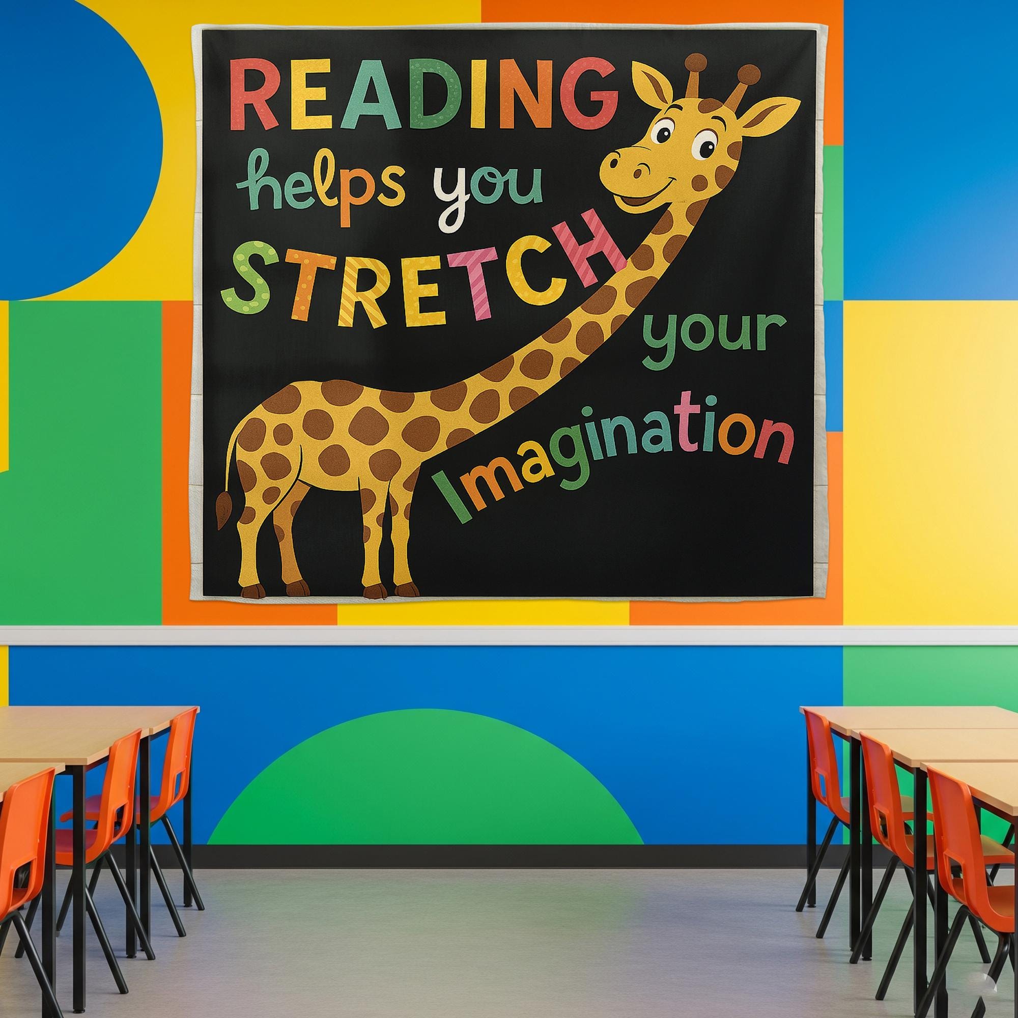 Reading Giraffe Classroom Tapestry, Stretch Your Imagination Wall Decor, Kids Reading Poster, Teacher Library Banner, Book Lover Sign