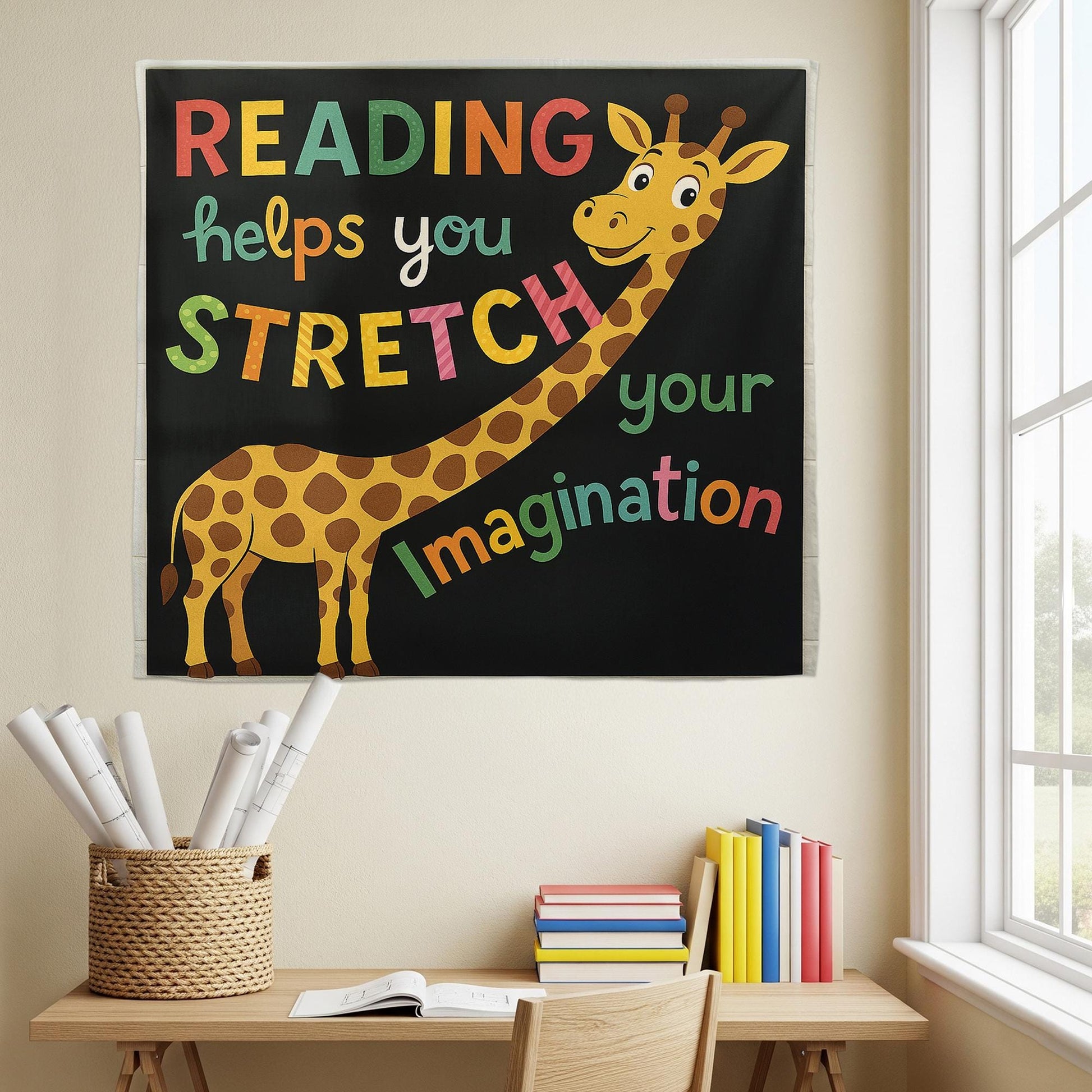 Reading Giraffe Classroom Tapestry, Stretch Your Imagination Wall Decor, Kids Reading Poster, Teacher Library Banner, Book Lover Sign