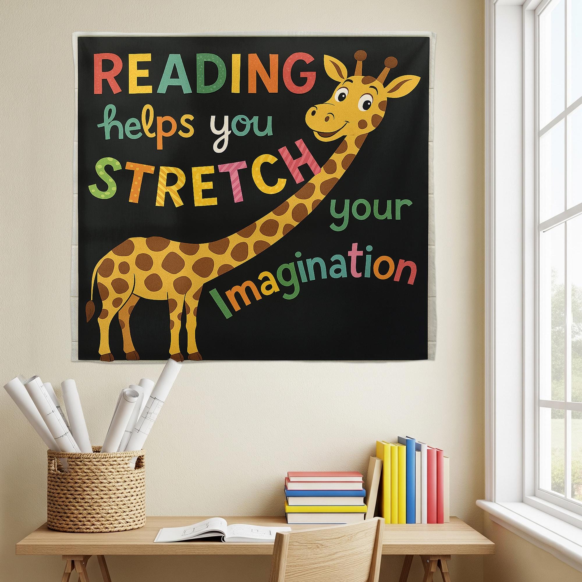 Reading Giraffe Classroom Tapestry, Stretch Your Imagination Wall Decor, Kids Reading Poster, Teacher Library Banner, Book Lover Sign