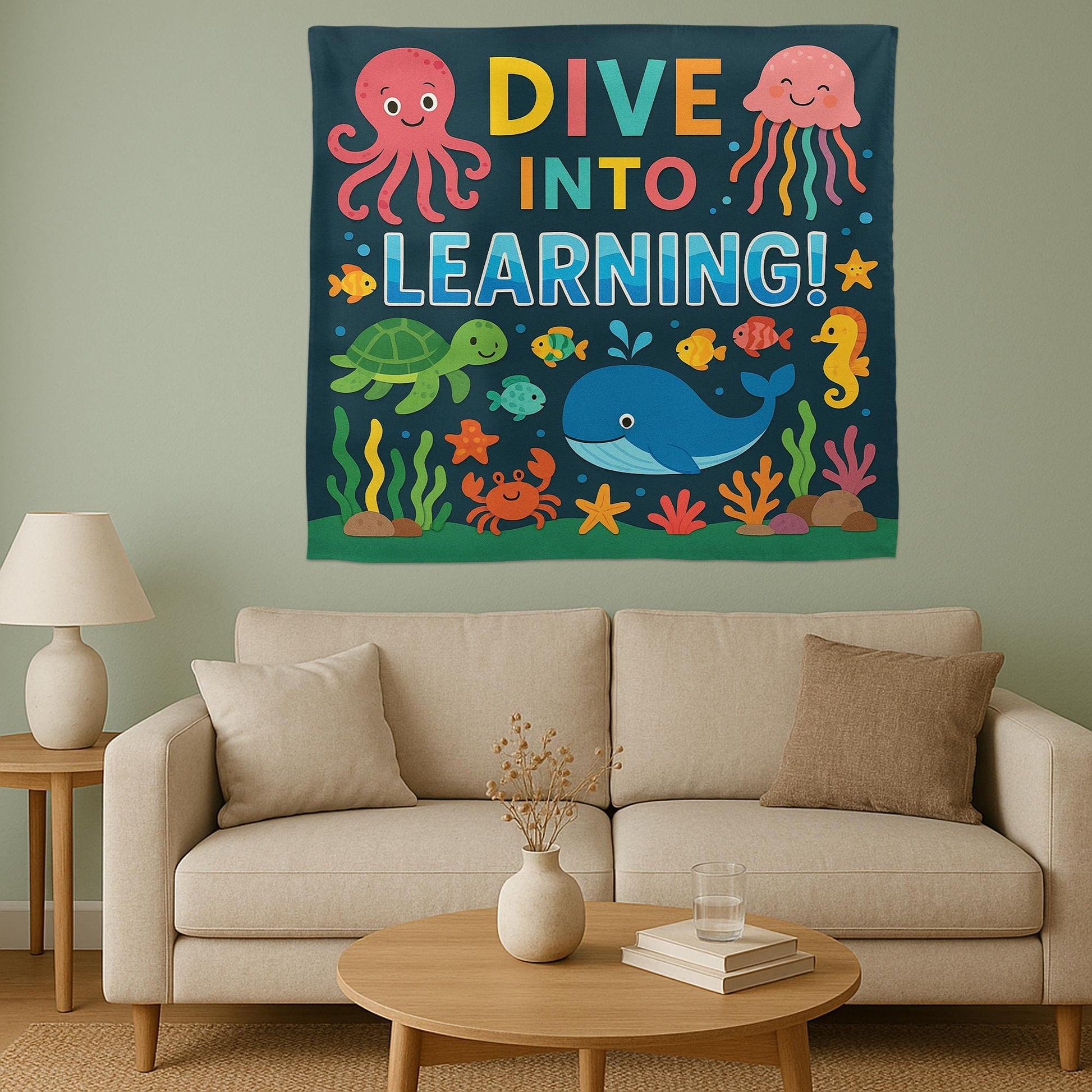 Dive Into Learning Classroom Tapestry, Ocean Theme Wall Decor for Kids, Under the Sea Teacher Banner, Preschool Classroom Poster