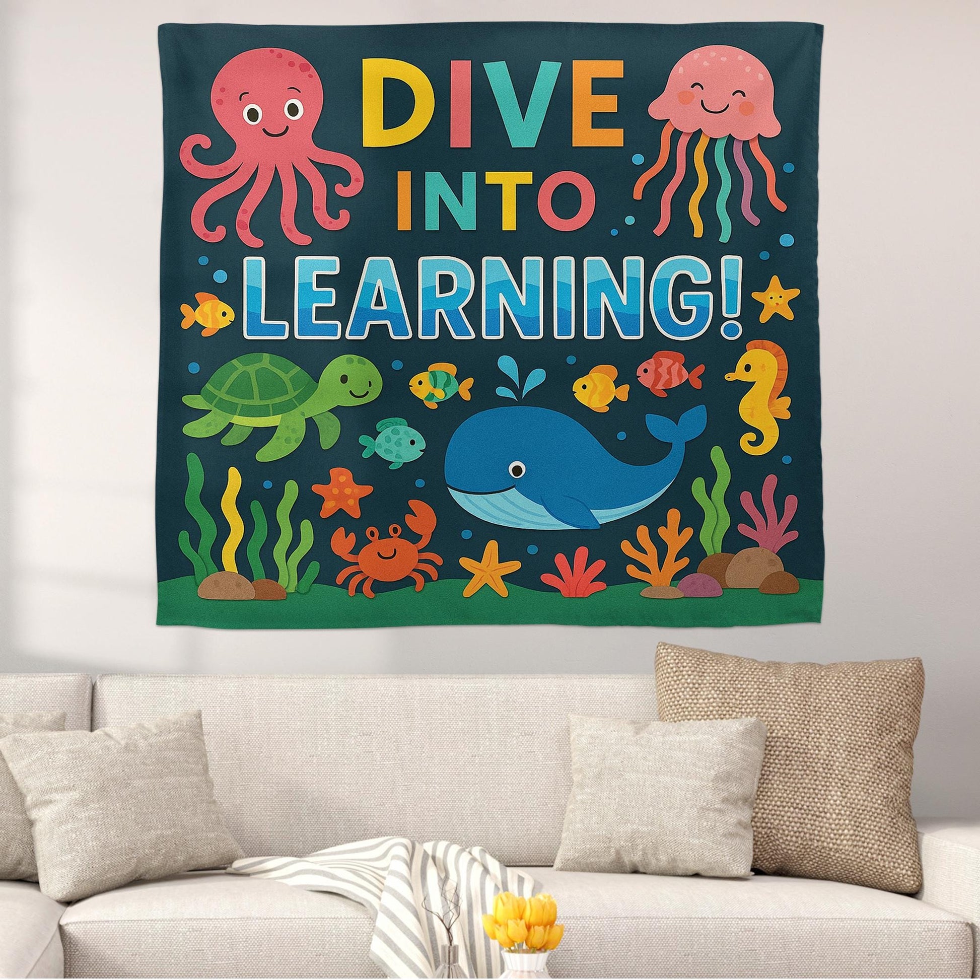 Dive Into Learning Classroom Tapestry, Ocean Theme Wall Decor for Kids, Under the Sea Teacher Banner, Preschool Classroom Poster