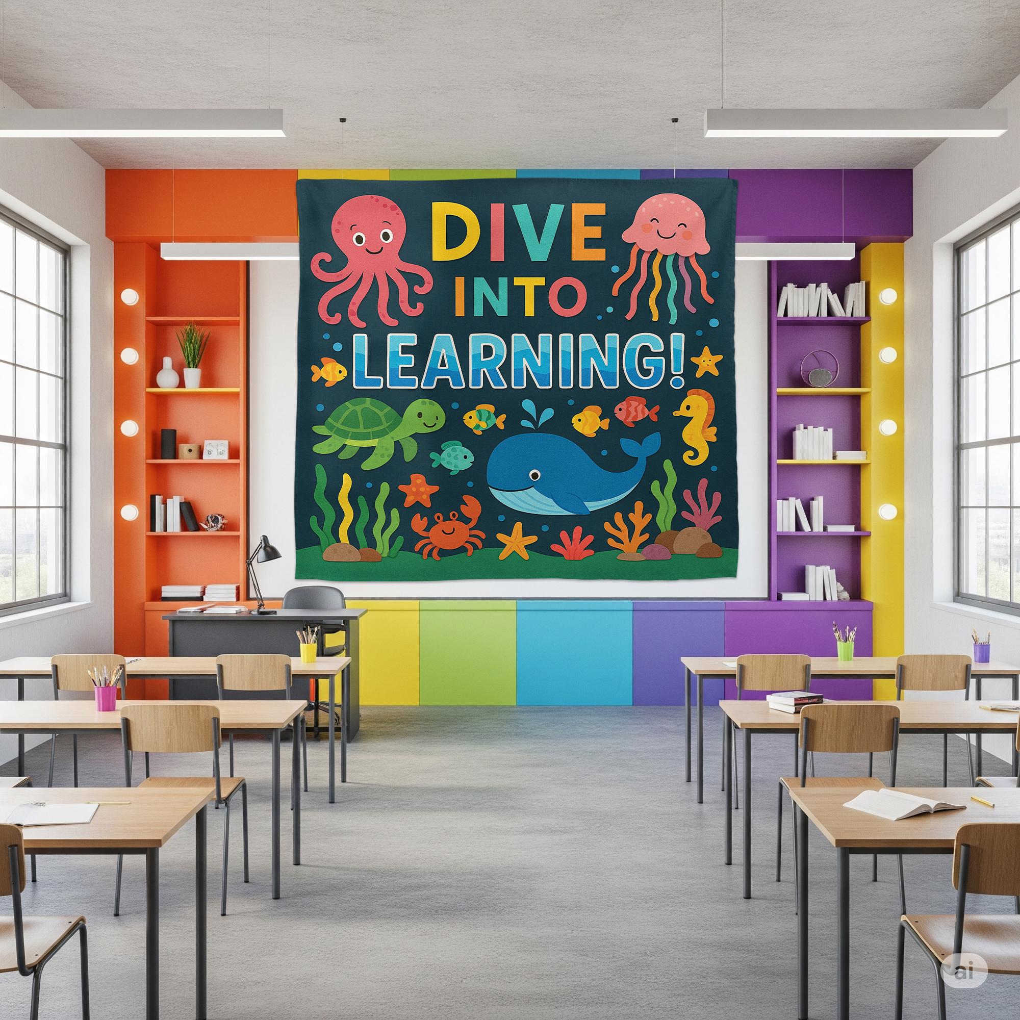 Dive Into Learning Classroom Tapestry, Ocean Theme Wall Decor for Kids, Under the Sea Teacher Banner, Preschool Classroom Poster