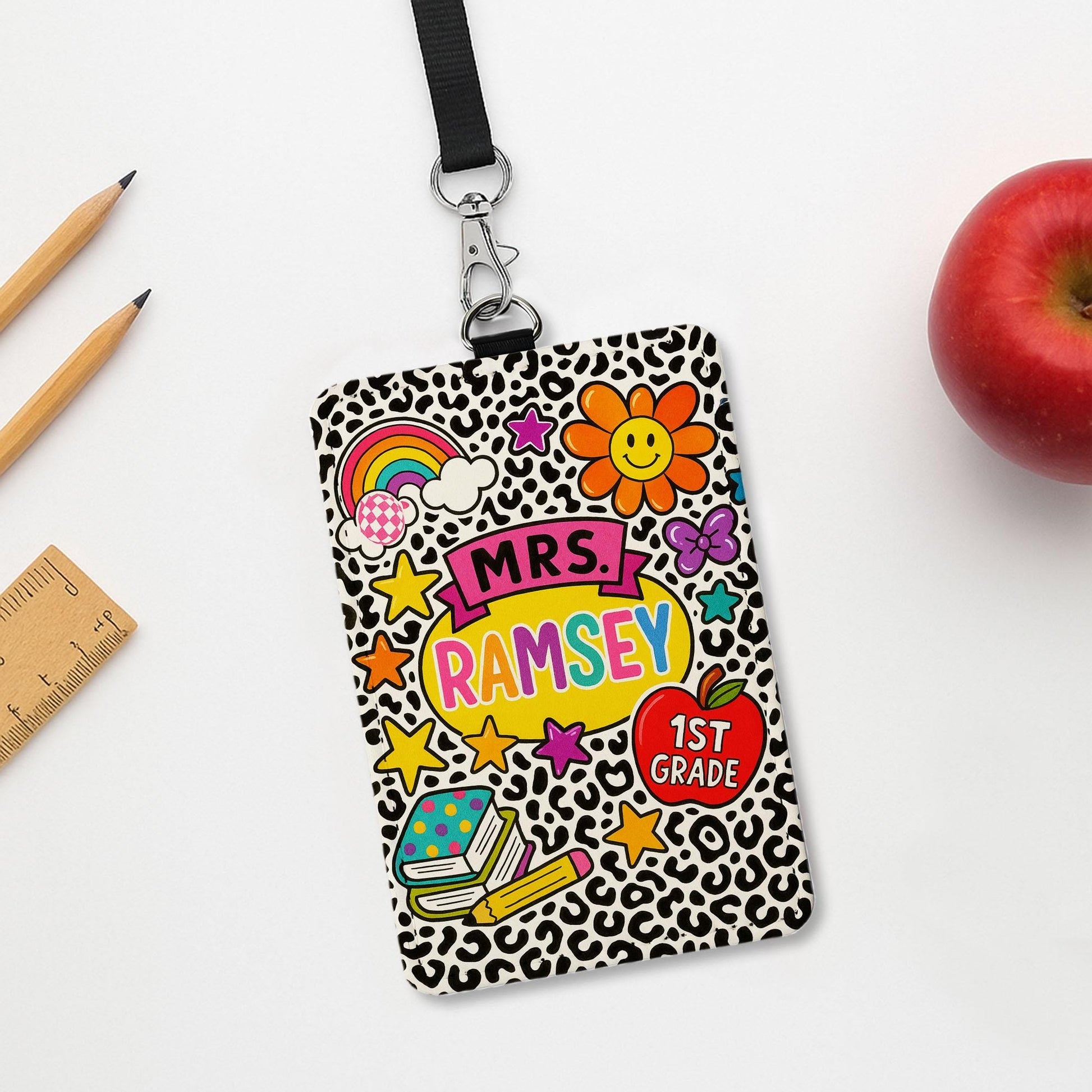 Personalized 1st Grade Teacher ID Badge | Colorful Leopard Print Name Tag for Teachers, Educators | Fun Back to School Lanyard, School Tag