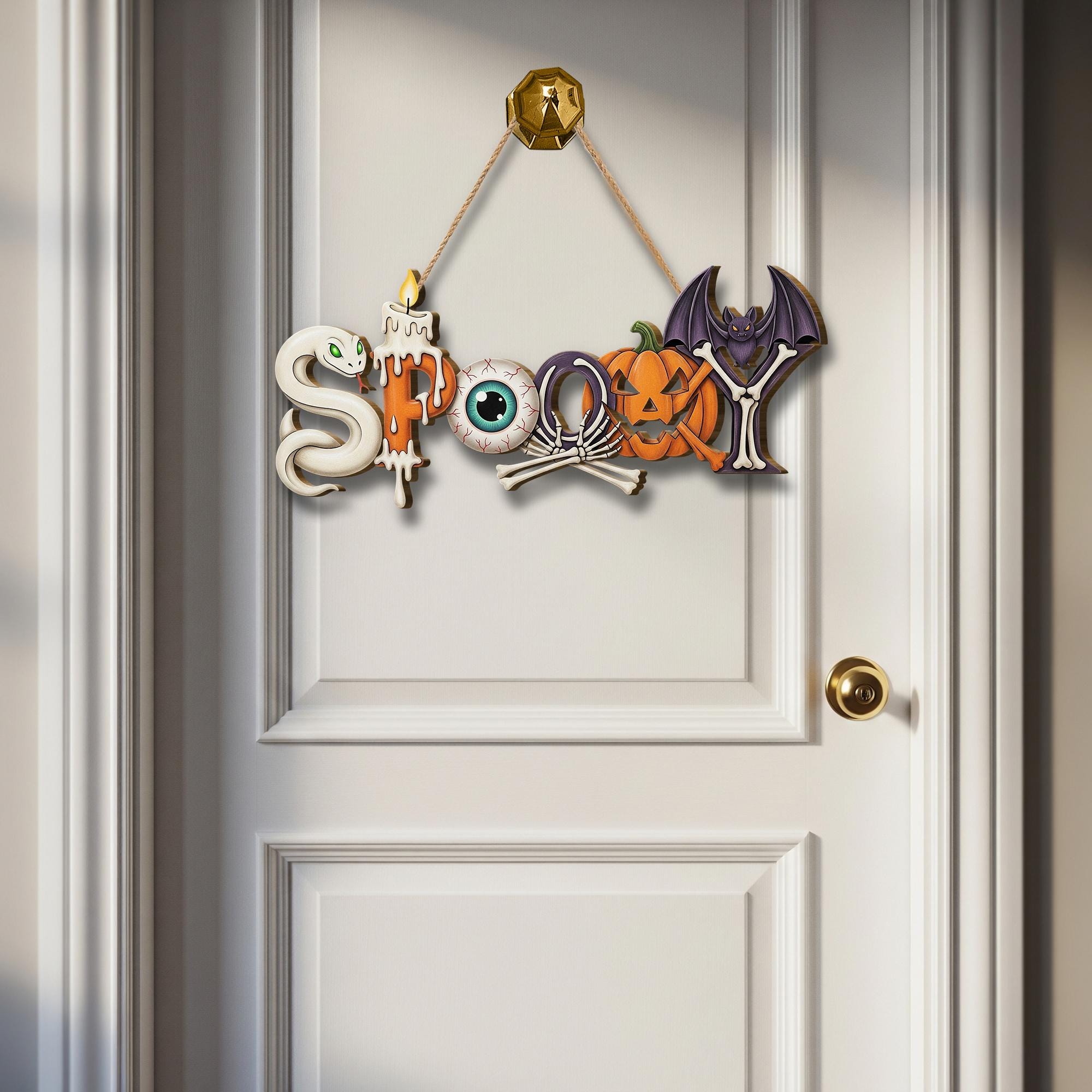 Spooky Halloween Door Sign – Cute Hanging Decor with Bat, Pumpkin, Bones & Snake – Fun Halloween Wall Sign