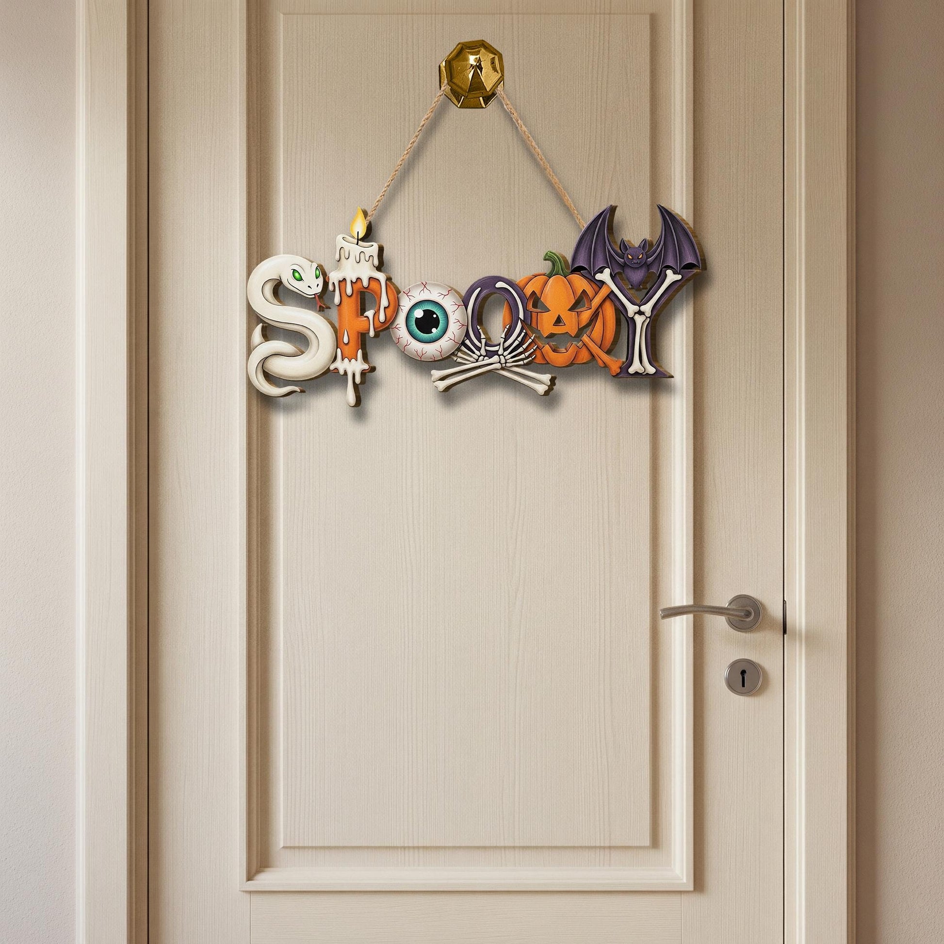 Spooky Halloween Door Sign – Cute Hanging Decor with Bat, Pumpkin, Bones & Snake – Fun Halloween Wall Sign