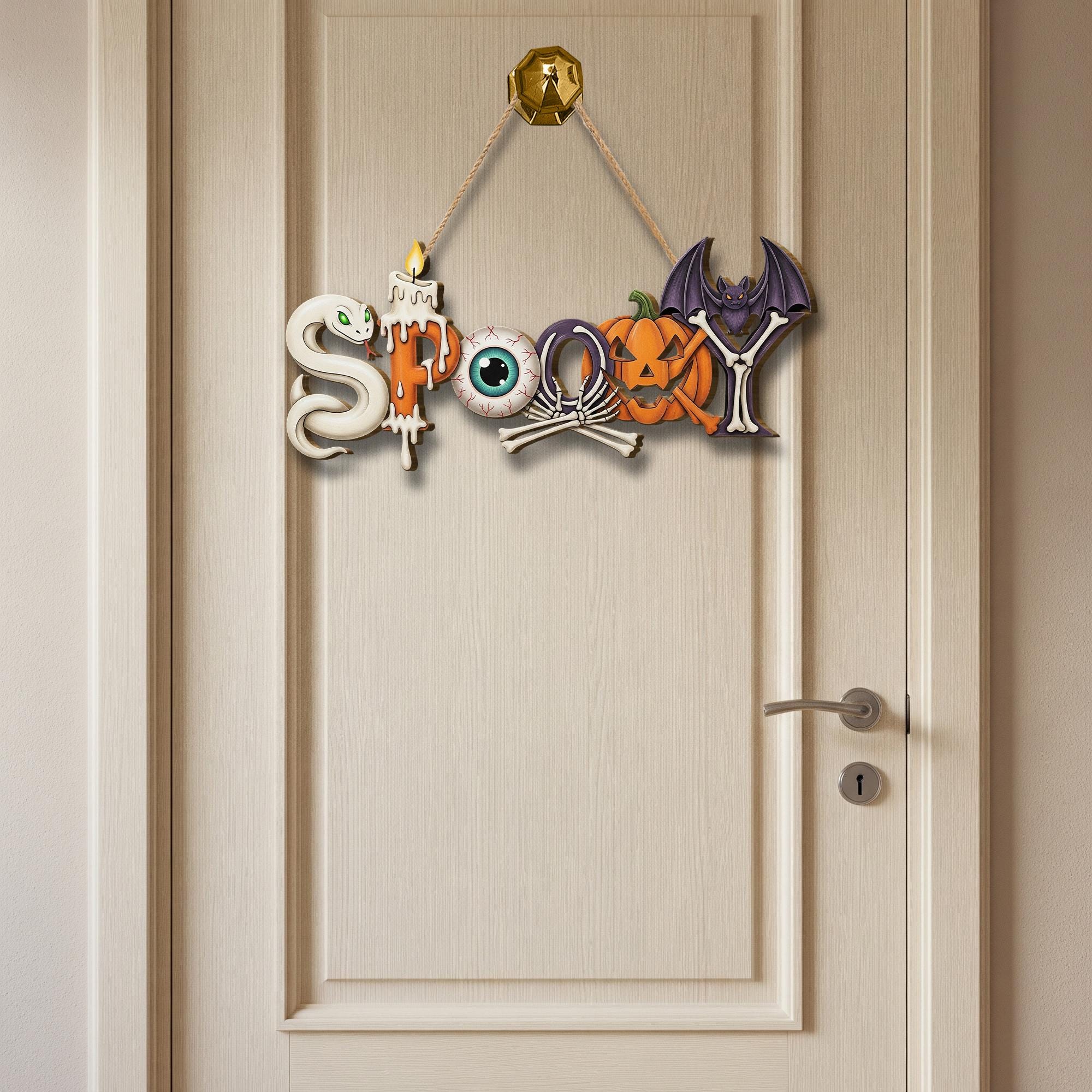 Spooky Halloween Door Sign – Cute Hanging Decor with Bat, Pumpkin, Bones & Snake – Fun Halloween Wall Sign