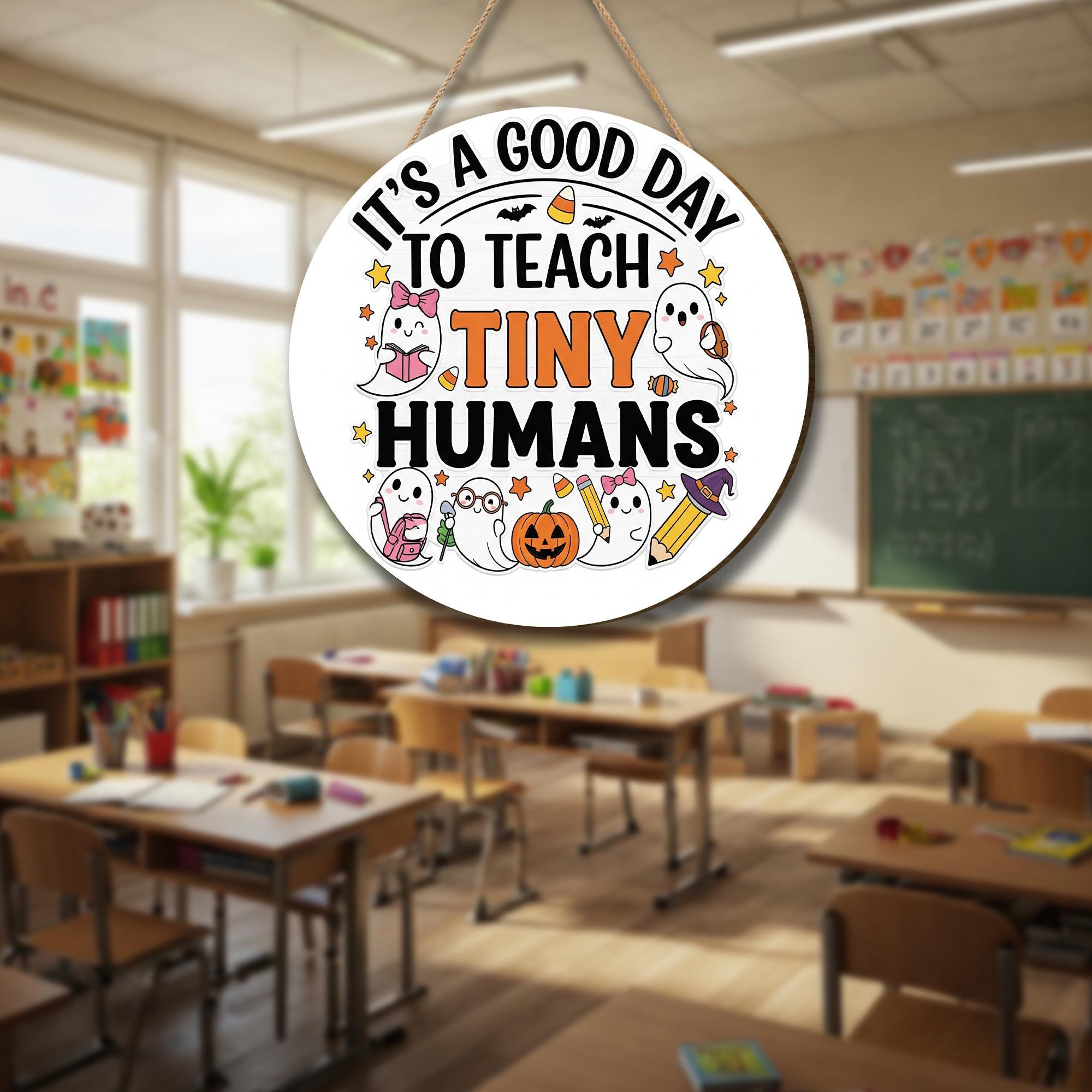 Halloween Teacher Door Sign – It's a Good Day to Teach Tiny Humans – Cute Ghost Classroom Decor