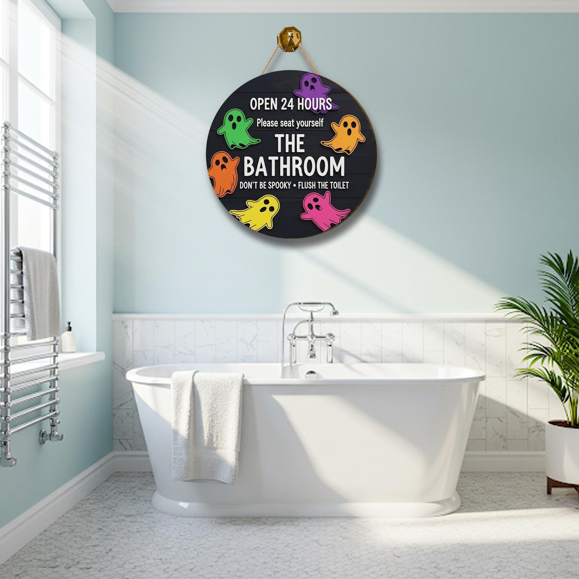 Funny Halloween Bathroom Sign, 3D Wooden Ghost Wall Decor, Spooky Toilet Door Sign, Open 24 Hours Restroom Plaque, Cute Holiday Decor