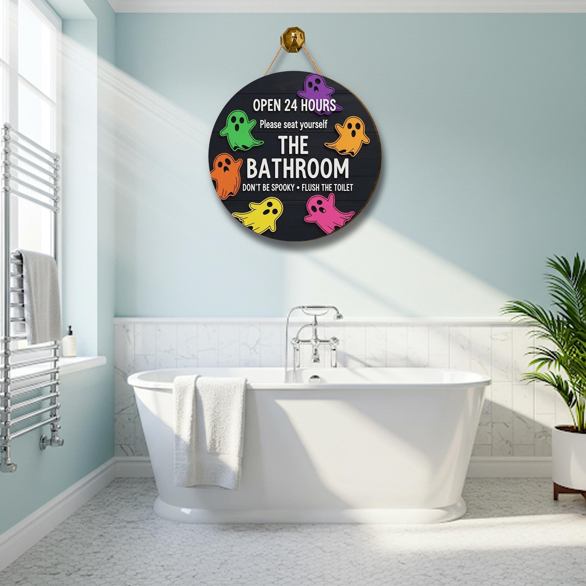 Funny Halloween Bathroom Sign, 3D Wooden Ghost Wall Decor, Spooky Toilet Door Sign, Open 24 Hours Restroom Plaque, Cute Holiday Decor