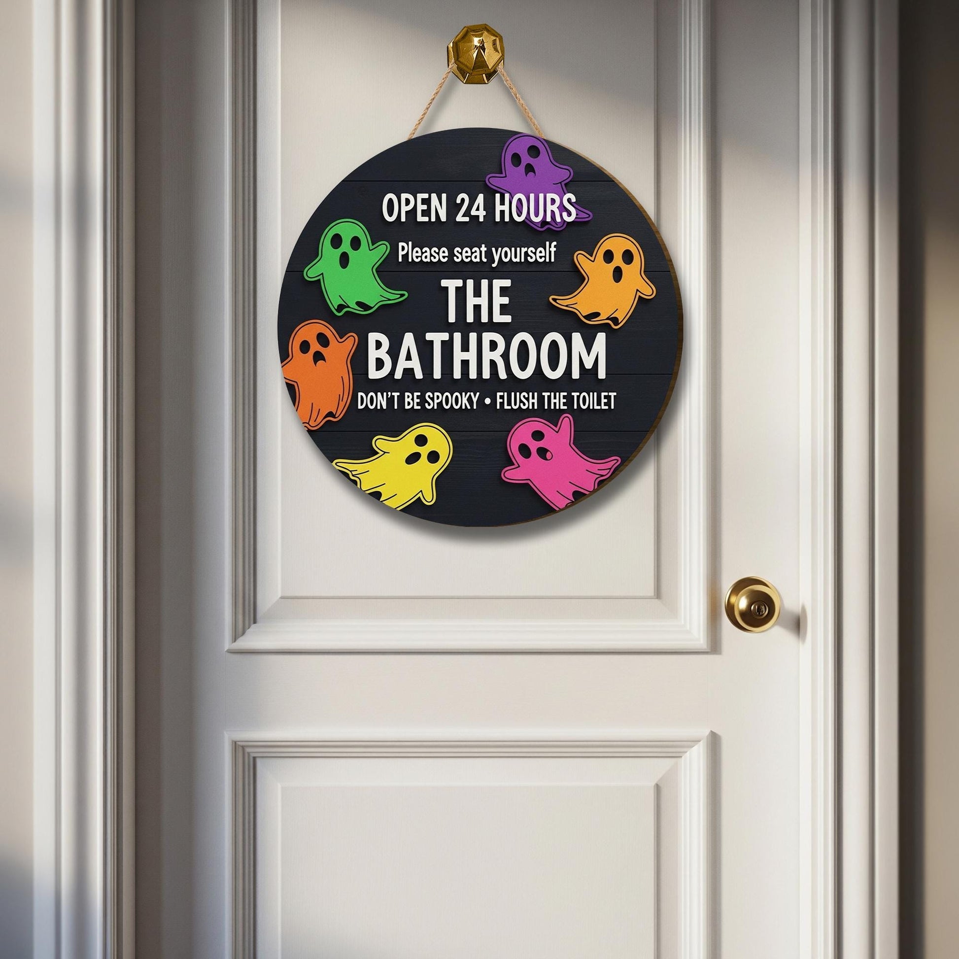 Funny Halloween Bathroom Sign, 3D Wooden Ghost Wall Decor, Spooky Toilet Door Sign, Open 24 Hours Restroom Plaque, Cute Holiday Decor