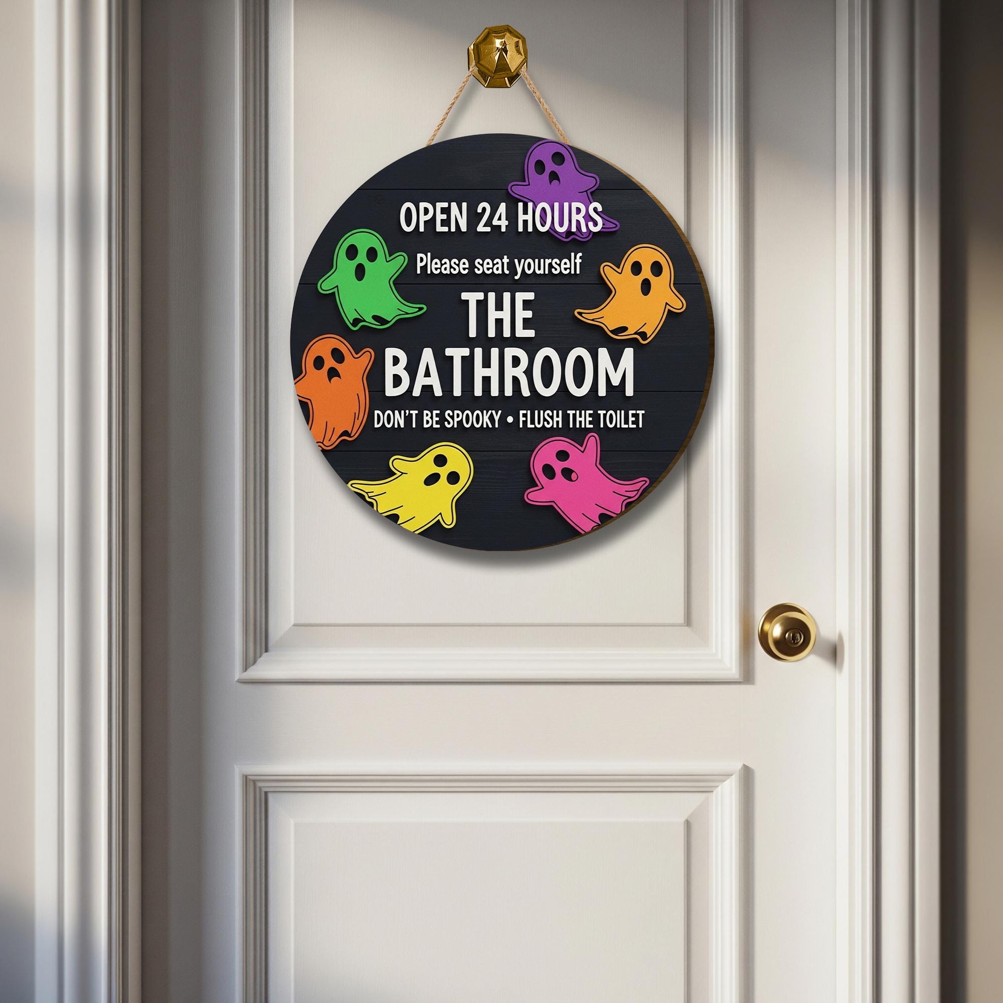 Funny Halloween Bathroom Sign, 3D Wooden Ghost Wall Decor, Spooky Toilet Door Sign, Open 24 Hours Restroom Plaque, Cute Holiday Decor