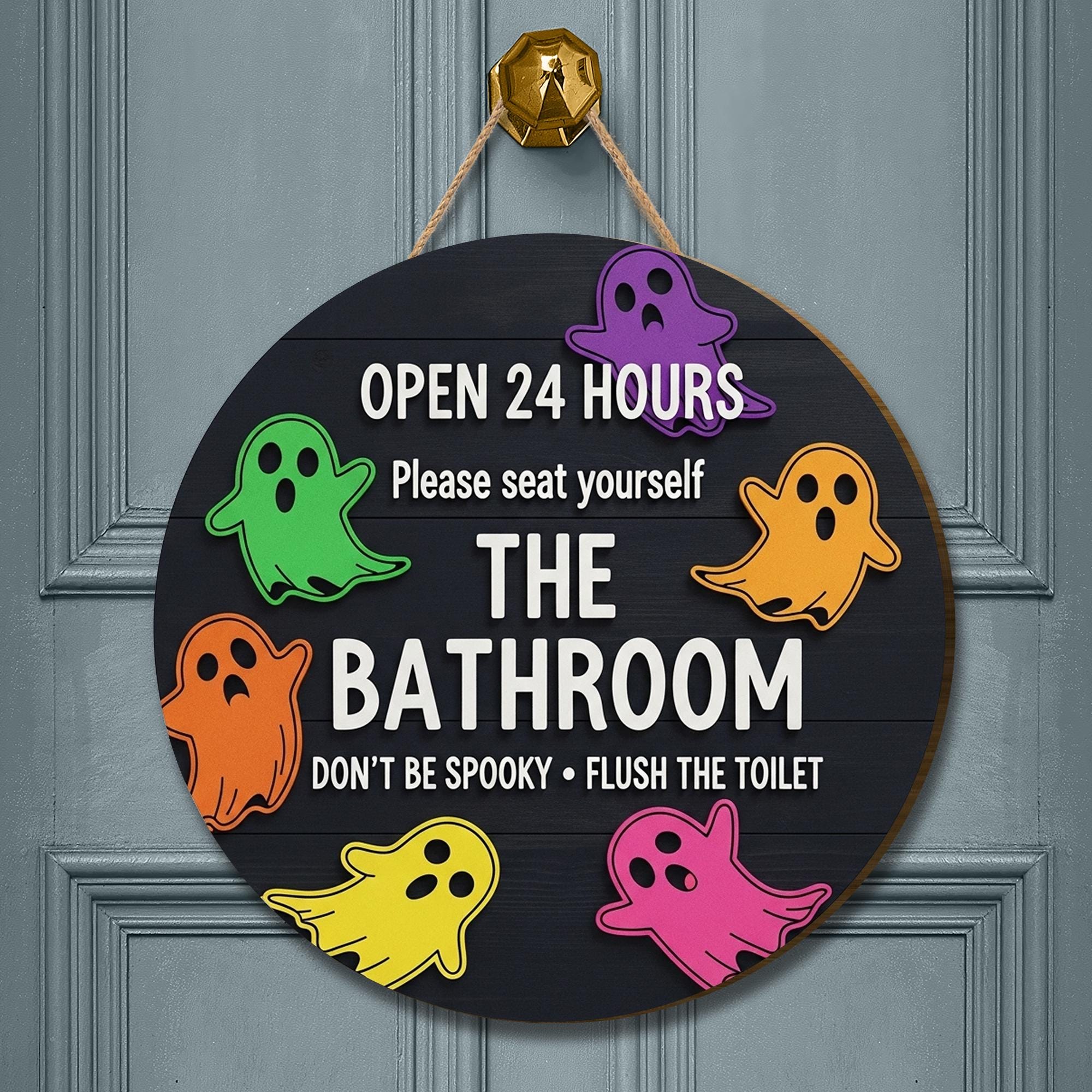 Funny Halloween Bathroom Sign, 3D Wooden Ghost Wall Decor, Spooky Toilet Door Sign, Open 24 Hours Restroom Plaque, Cute Holiday Decor