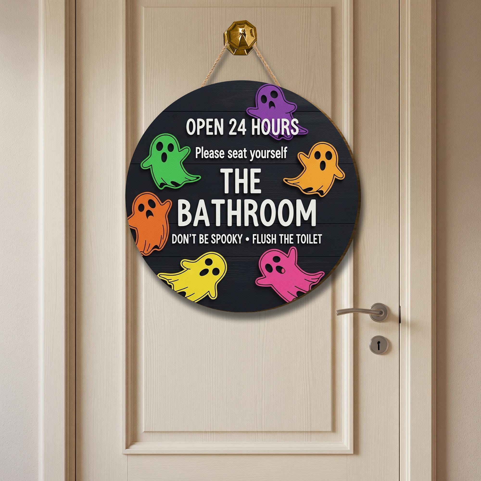 Funny Halloween Bathroom Sign, 3D Wooden Ghost Wall Decor, Spooky Toilet Door Sign, Open 24 Hours Restroom Plaque, Cute Holiday Decor