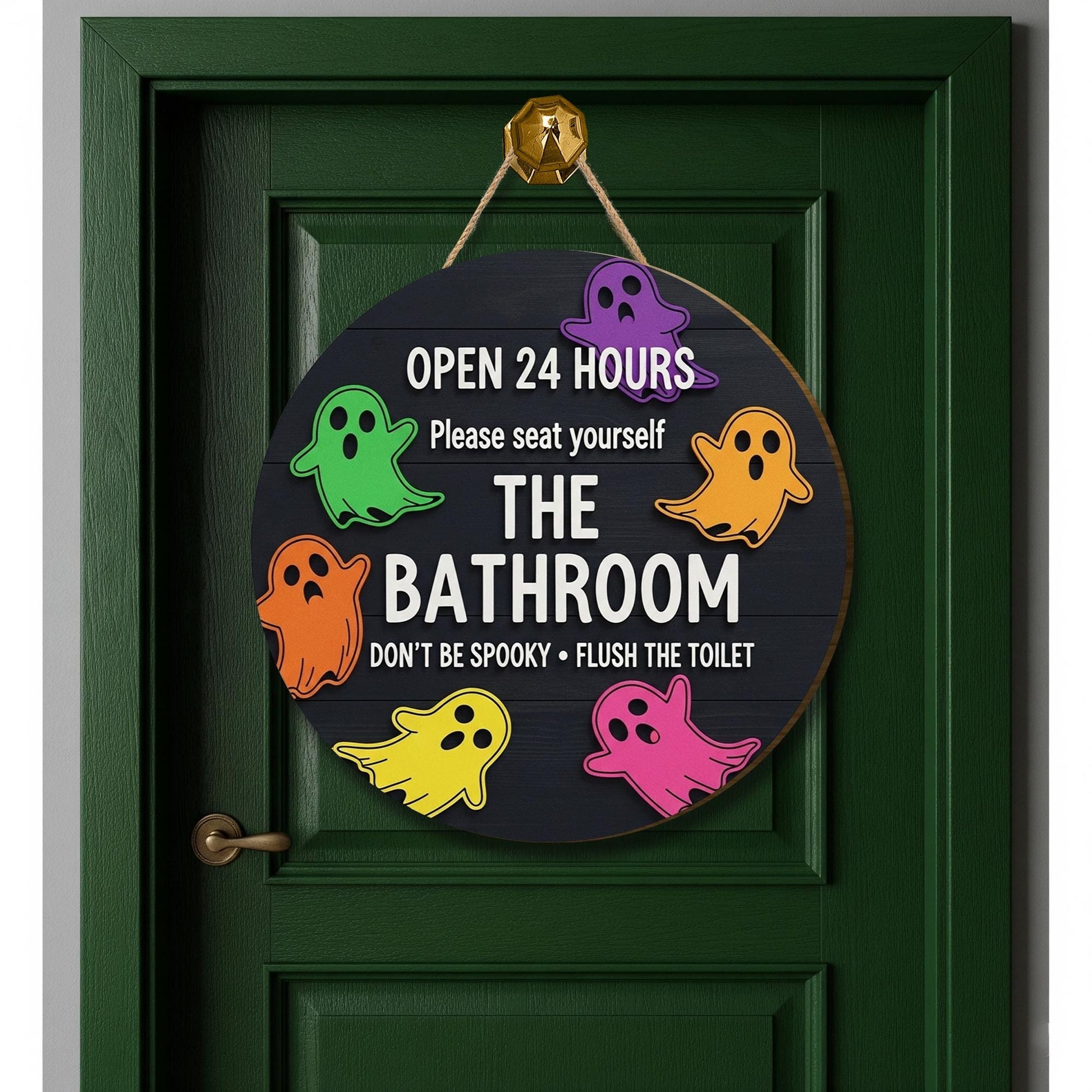 Funny Halloween Bathroom Sign, 3D Wooden Ghost Wall Decor, Spooky Toilet Door Sign, Open 24 Hours Restroom Plaque, Cute Holiday Decor