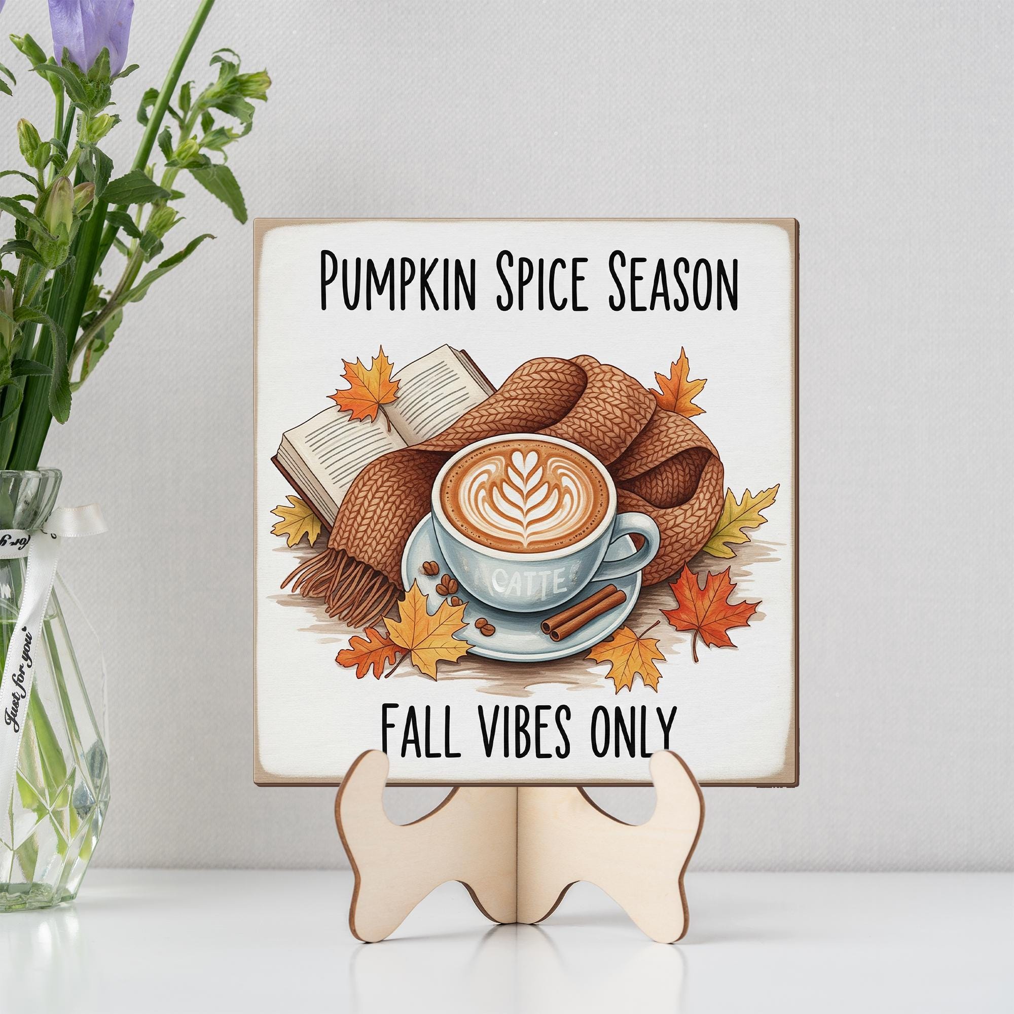 Pumpkin Spice Fall Sign – Autumn Latte Decor with Book & Leaves – Cozy Fall Vibes Wood Block Art
