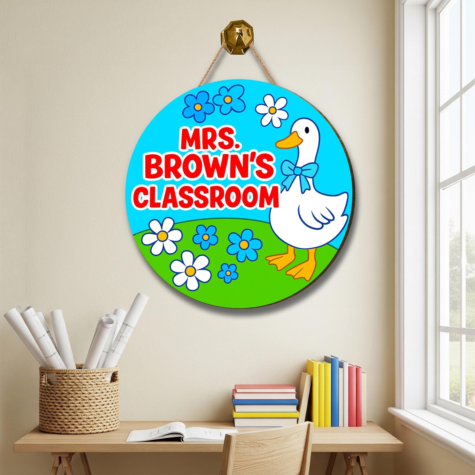Goose Classroom Welcome Door Sign, Cute Goose and Flowers Wooden Sign, Personalized Teacher Back to School Classroom Decor, Elementary Decor