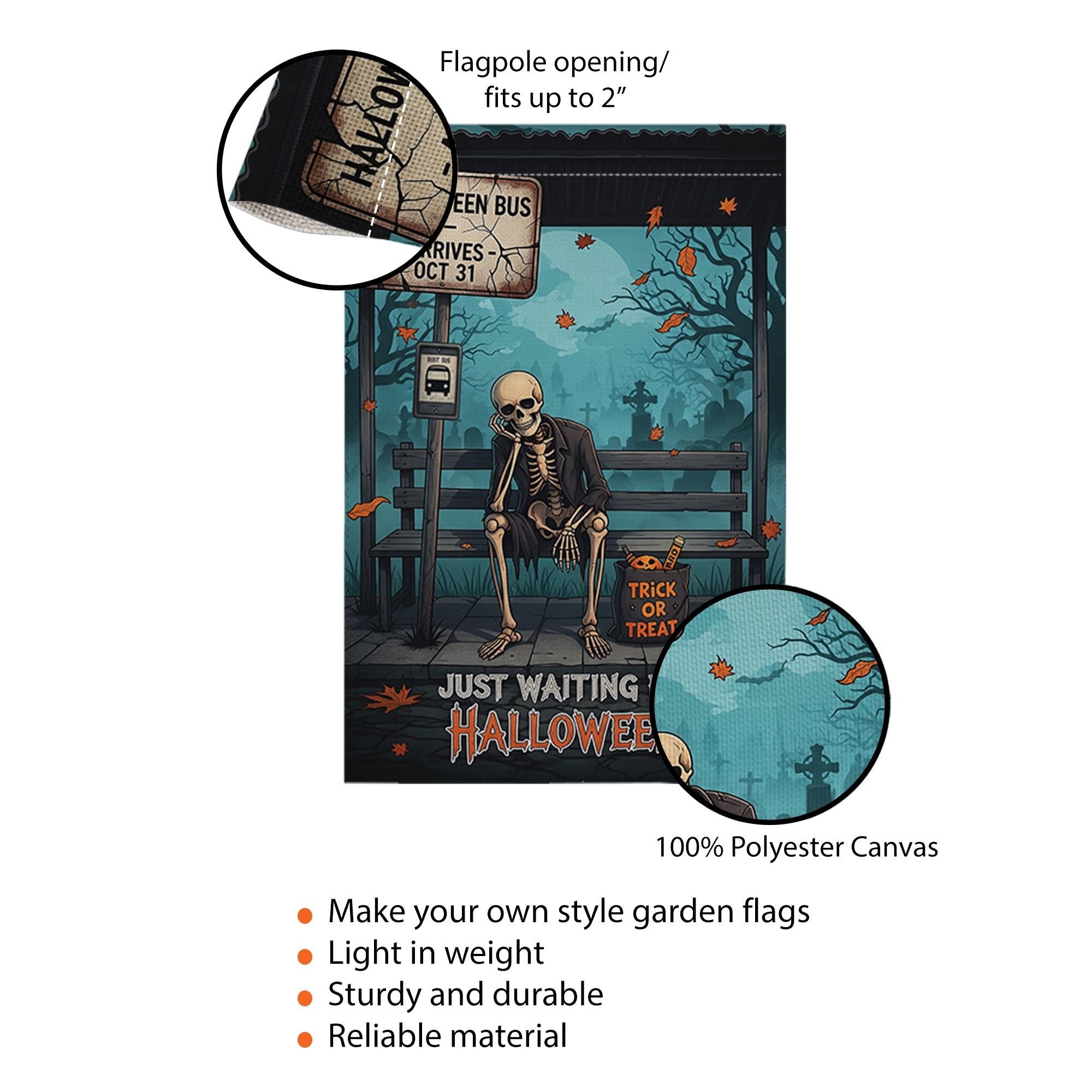 Funny Halloween Garden Flag – Skeleton Waiting Sign – Trick or Treat Yard Outdoor Decor