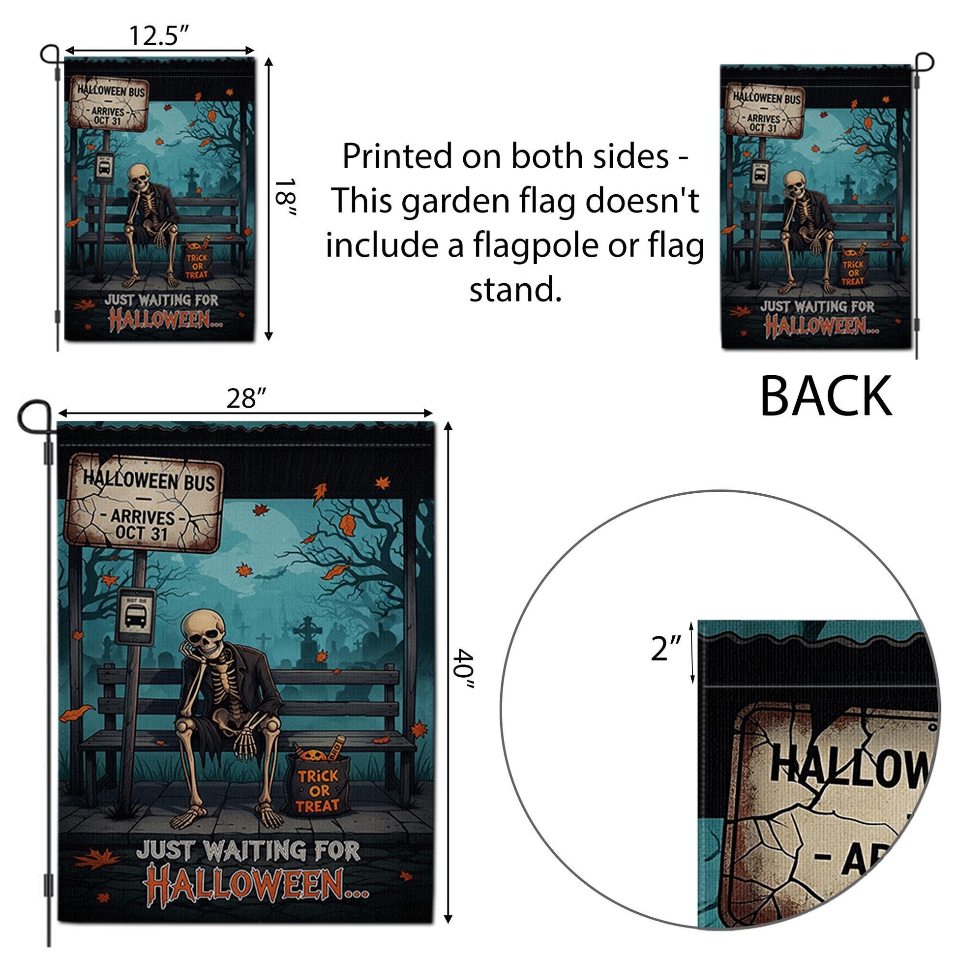 Funny Halloween Garden Flag – Skeleton Waiting Sign – Trick or Treat Yard Outdoor Decor