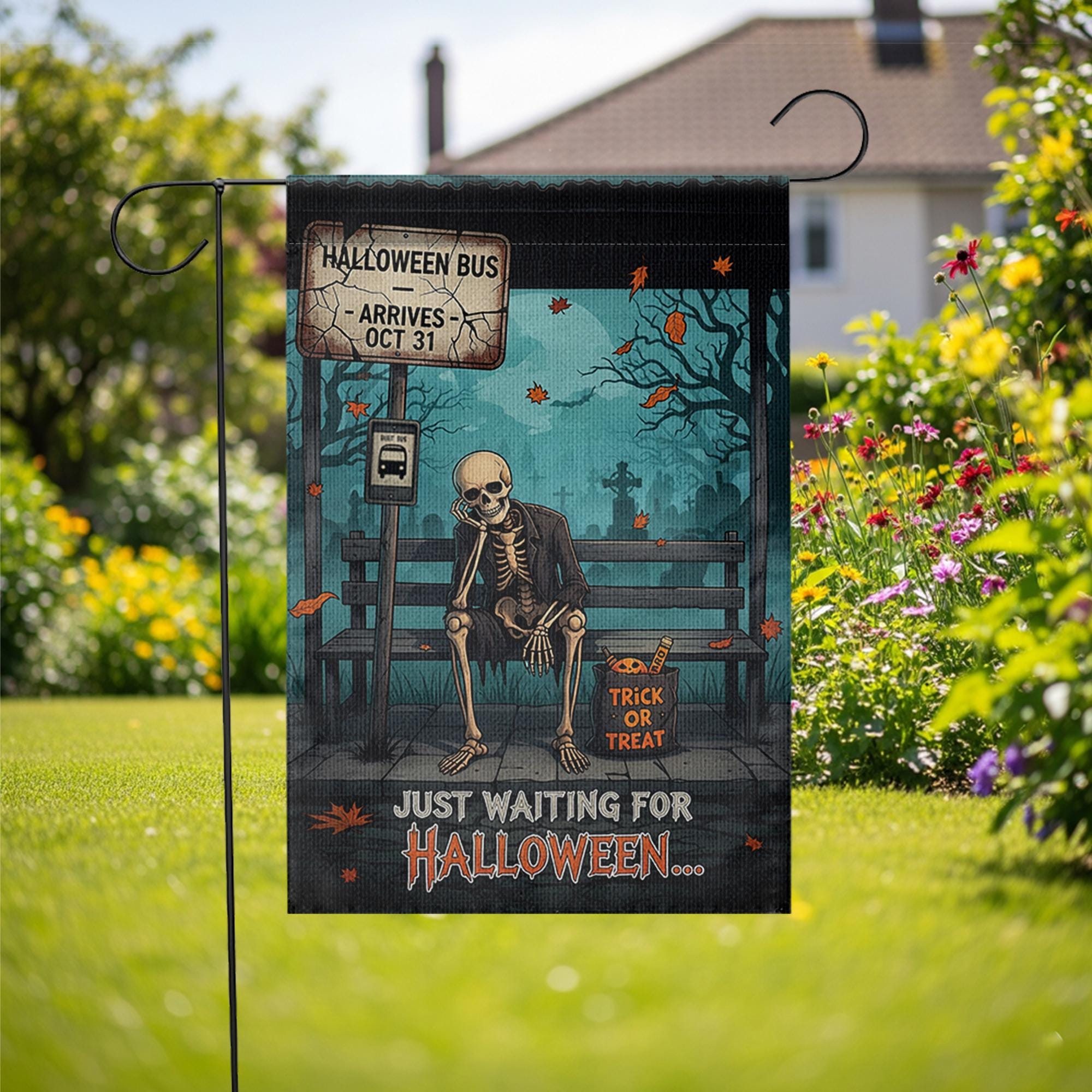 Funny Halloween Garden Flag – Skeleton Waiting Sign – Trick or Treat Yard Outdoor Decor