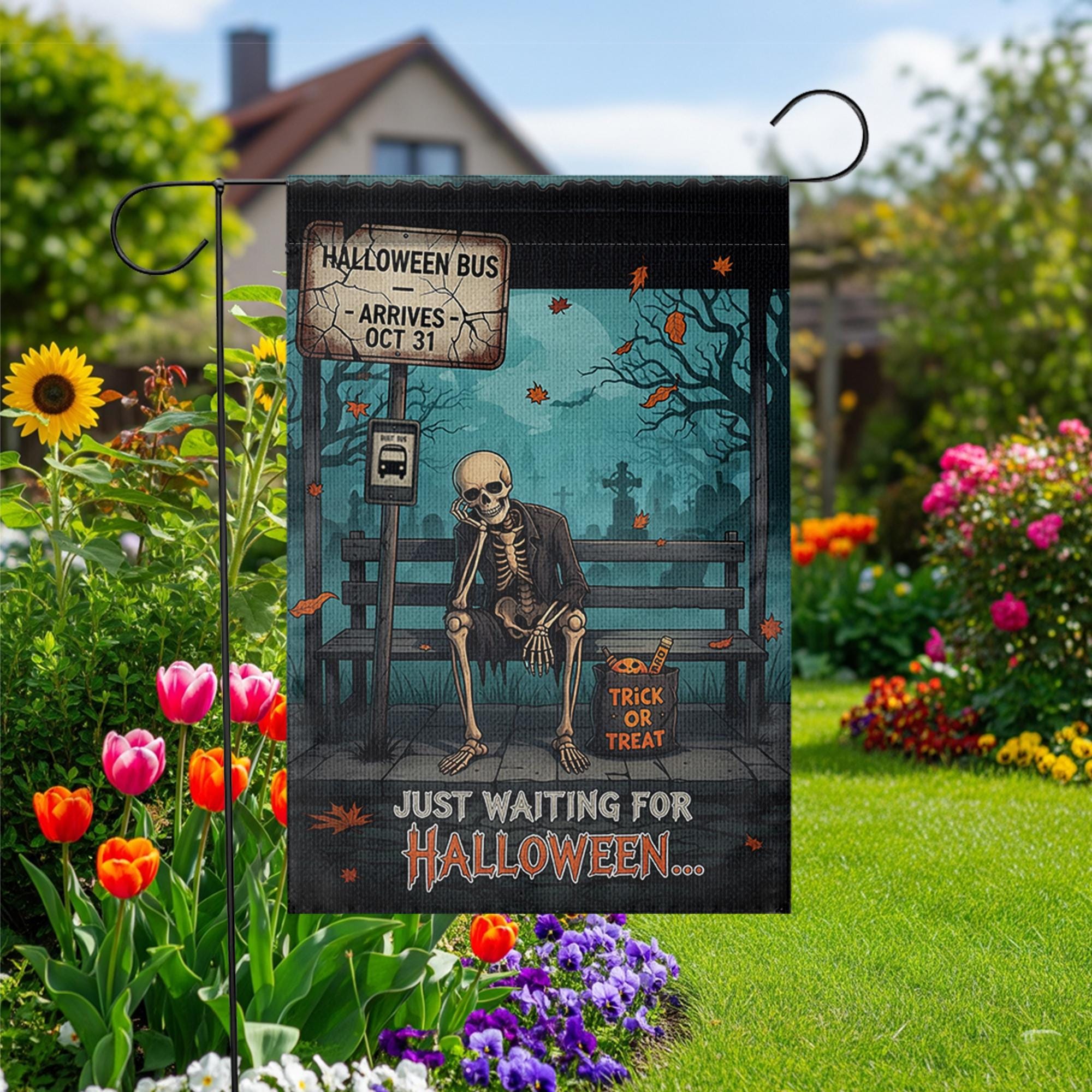 Funny Halloween Garden Flag – Skeleton Waiting Sign – Trick or Treat Yard Outdoor Decor