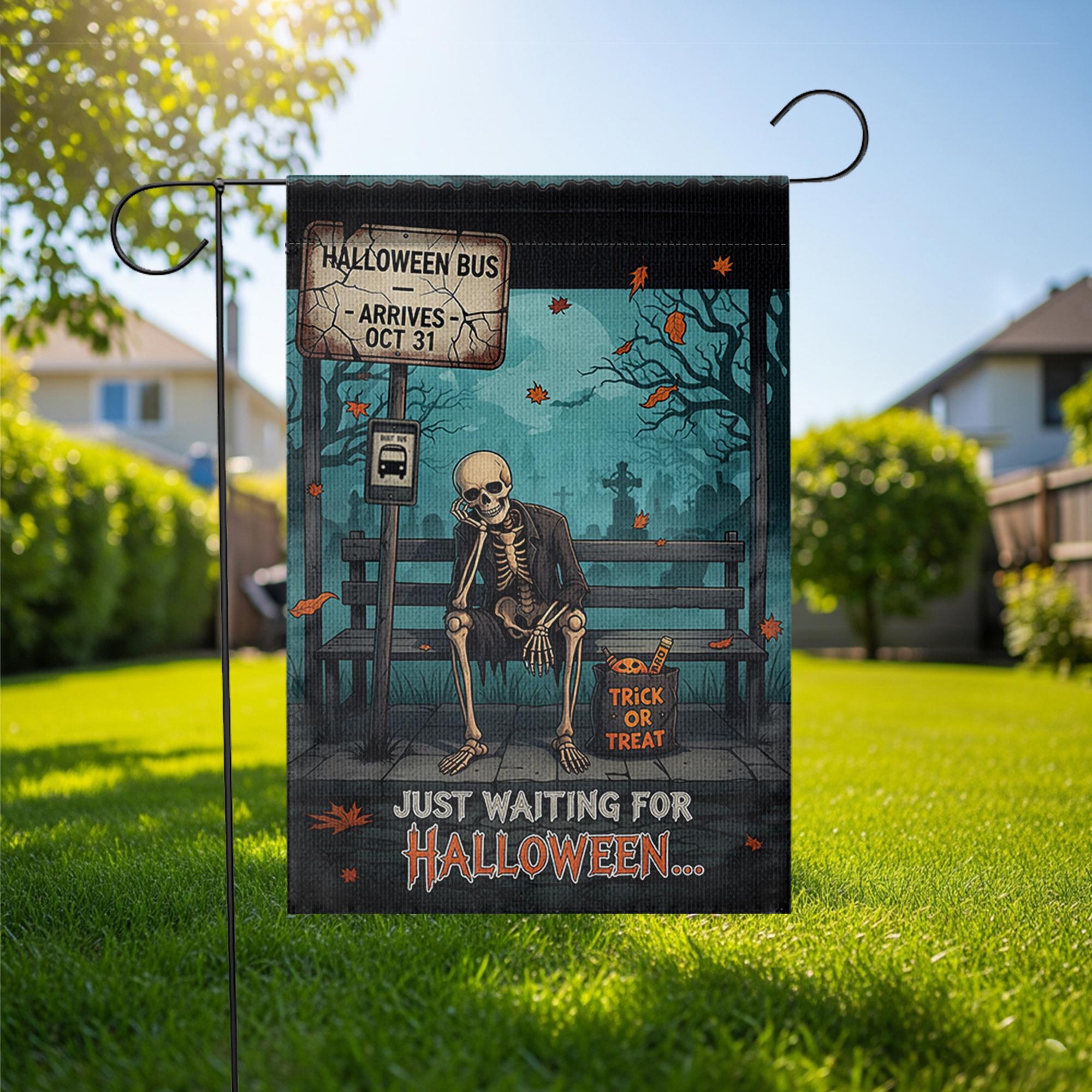 Funny Halloween Garden Flag – Skeleton Waiting Sign – Trick or Treat Yard Outdoor Decor