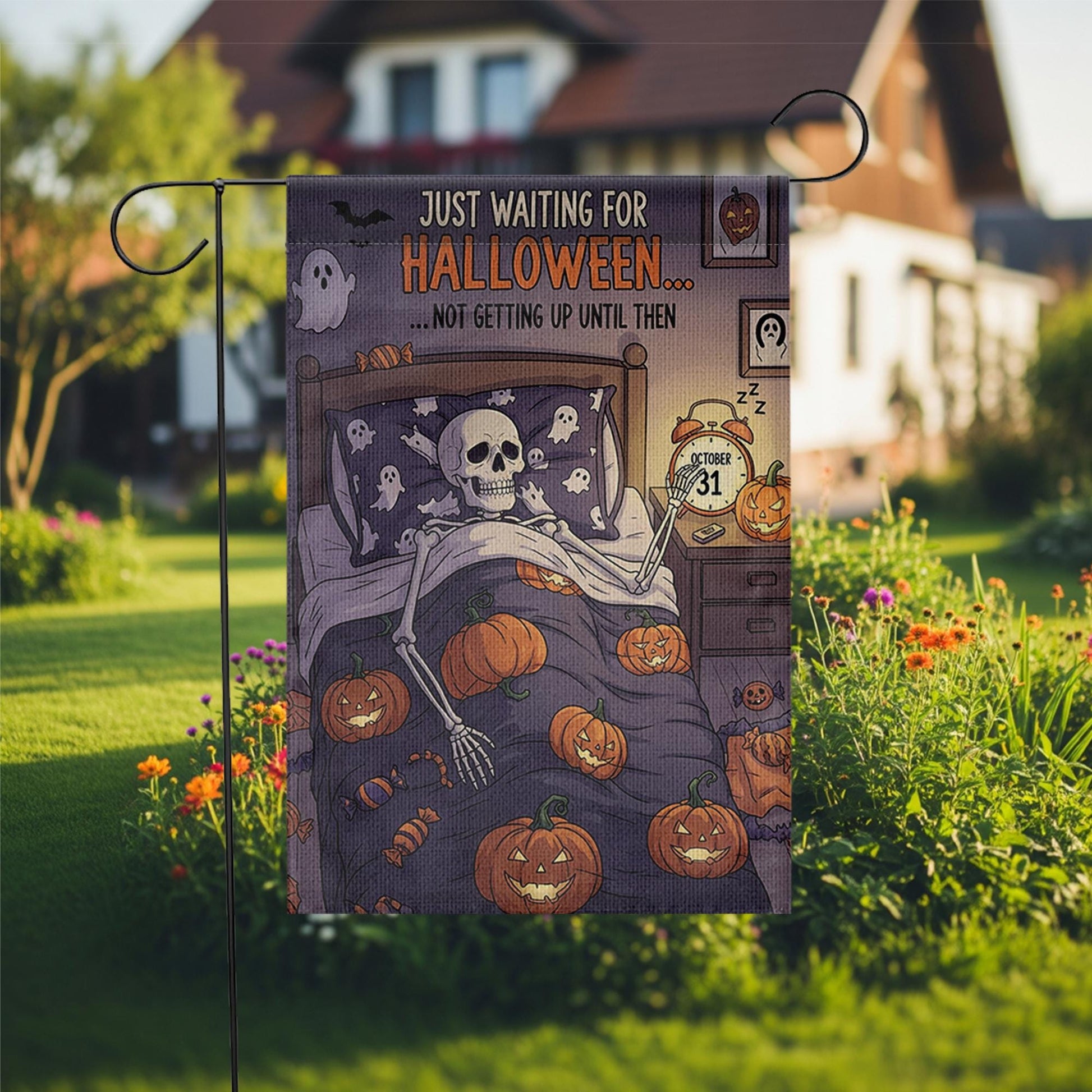 Funny Halloween Garden Flag – Skeleton in Bed Waiting for October 31 – Spooky Outdoor Yard Decor