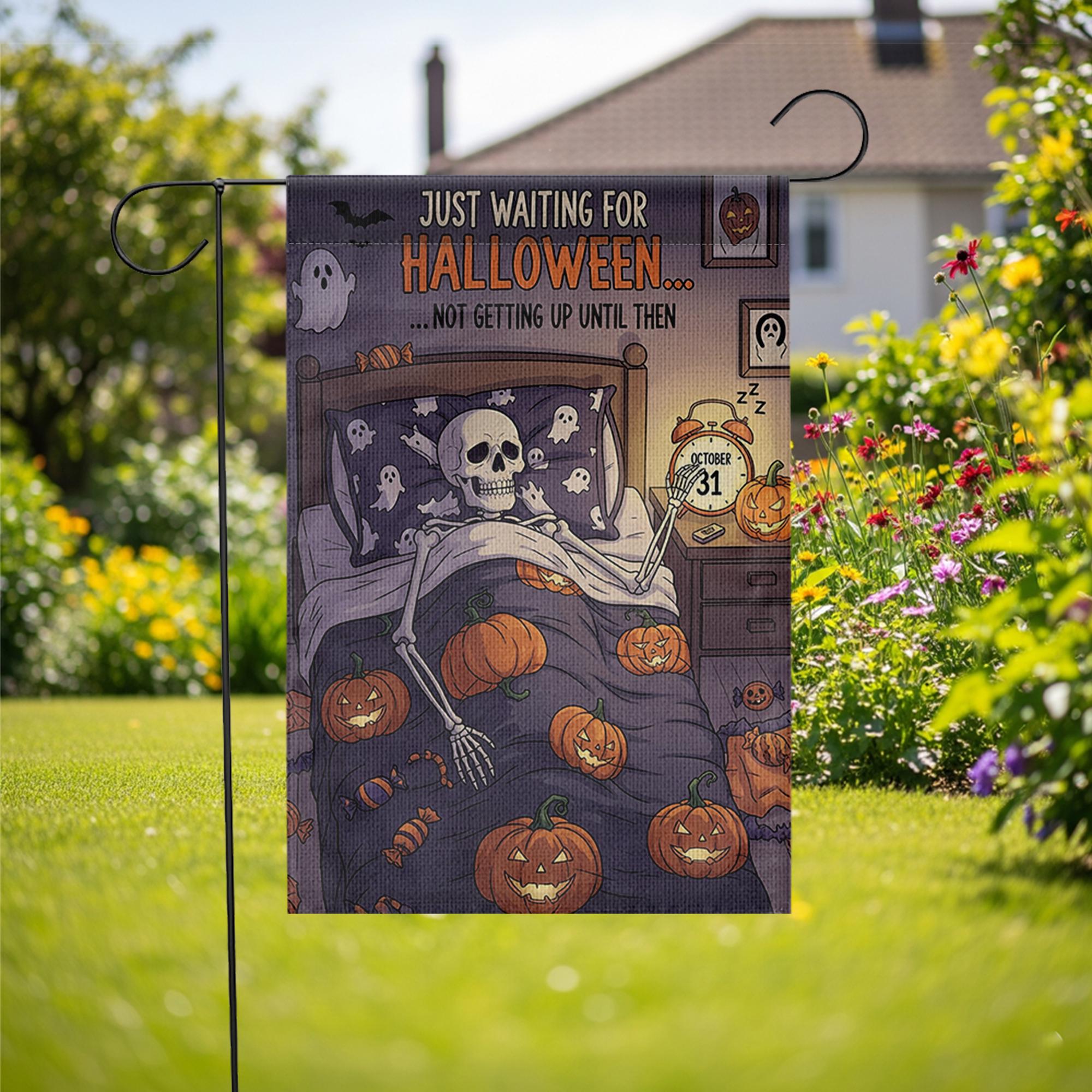 Funny Halloween Garden Flag – Skeleton in Bed Waiting for October 31 – Spooky Outdoor Yard Decor