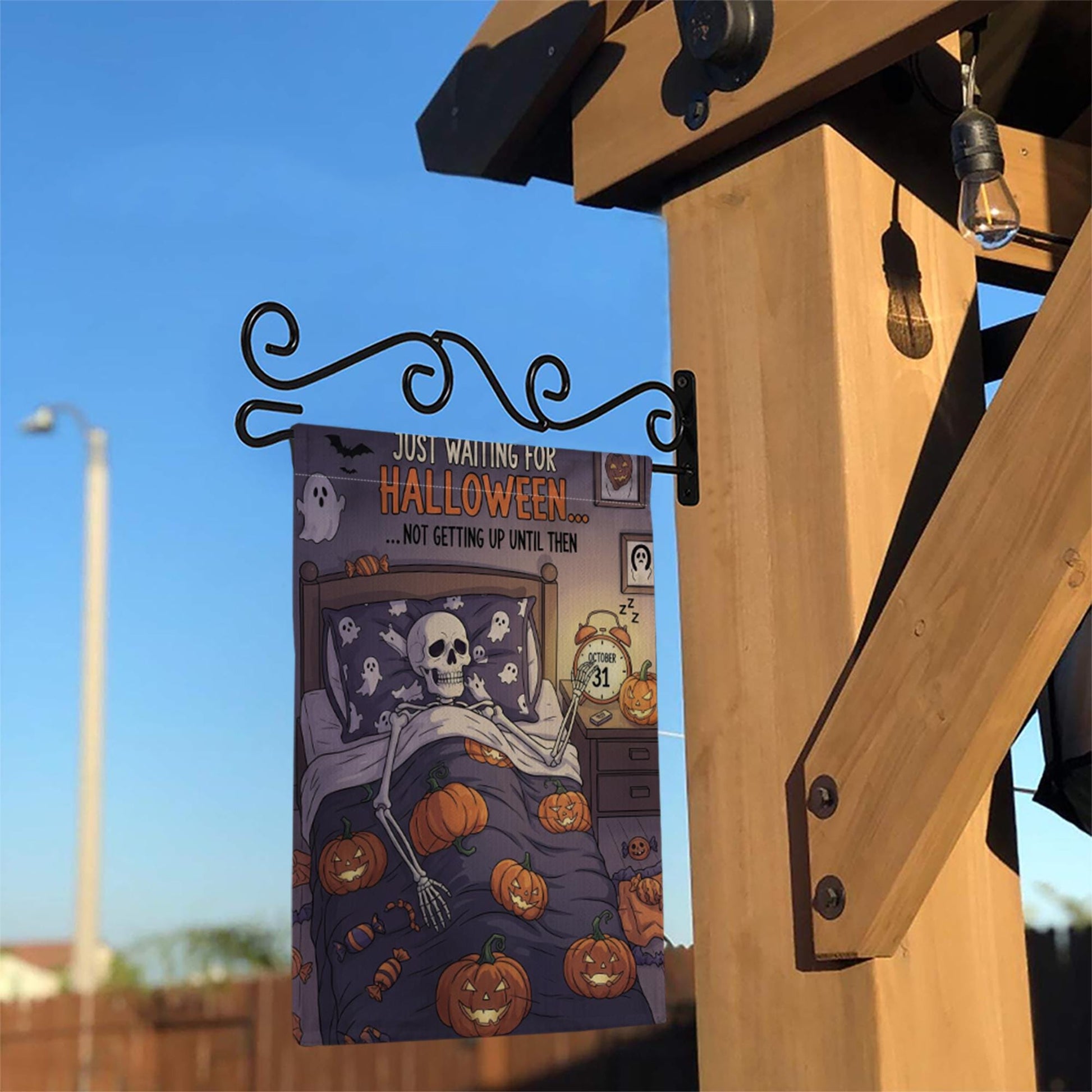 Funny Halloween Garden Flag – Skeleton in Bed Waiting for October 31 – Spooky Outdoor Yard Decor
