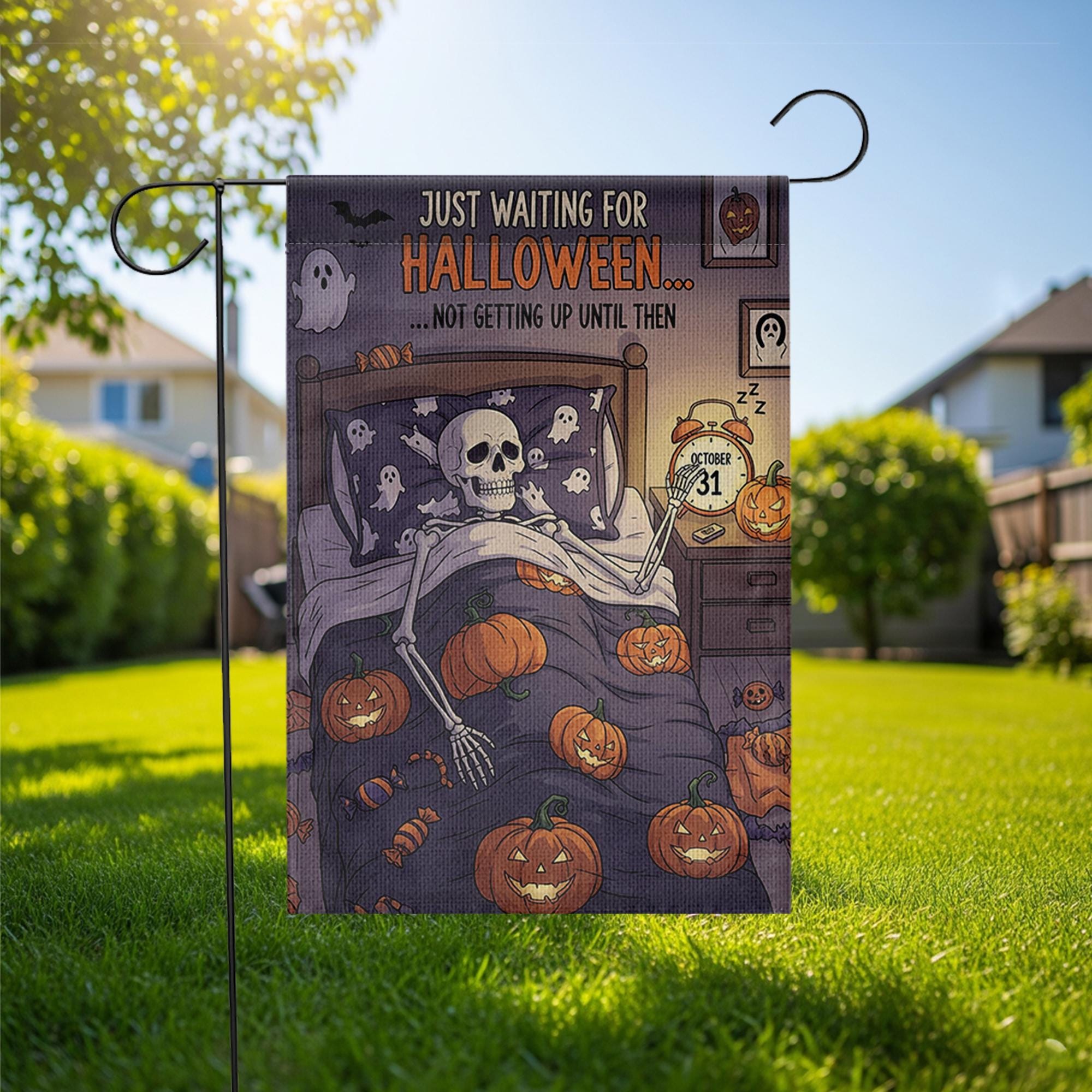 Funny Halloween Garden Flag – Skeleton in Bed Waiting for October 31 – Spooky Outdoor Yard Decor