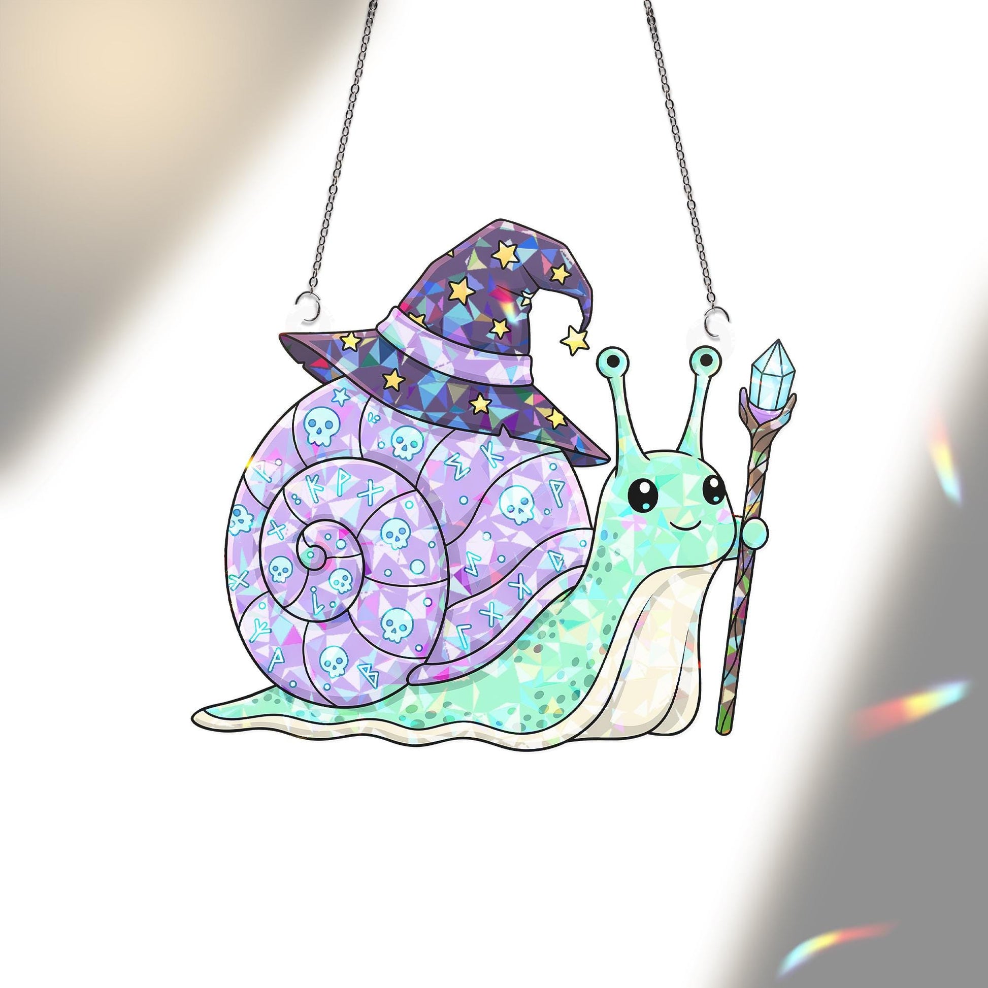 Cute Wizard Snail Suncatcher – Magical Window Hanging with Hat & Staff – Fantasy Crystal Decor