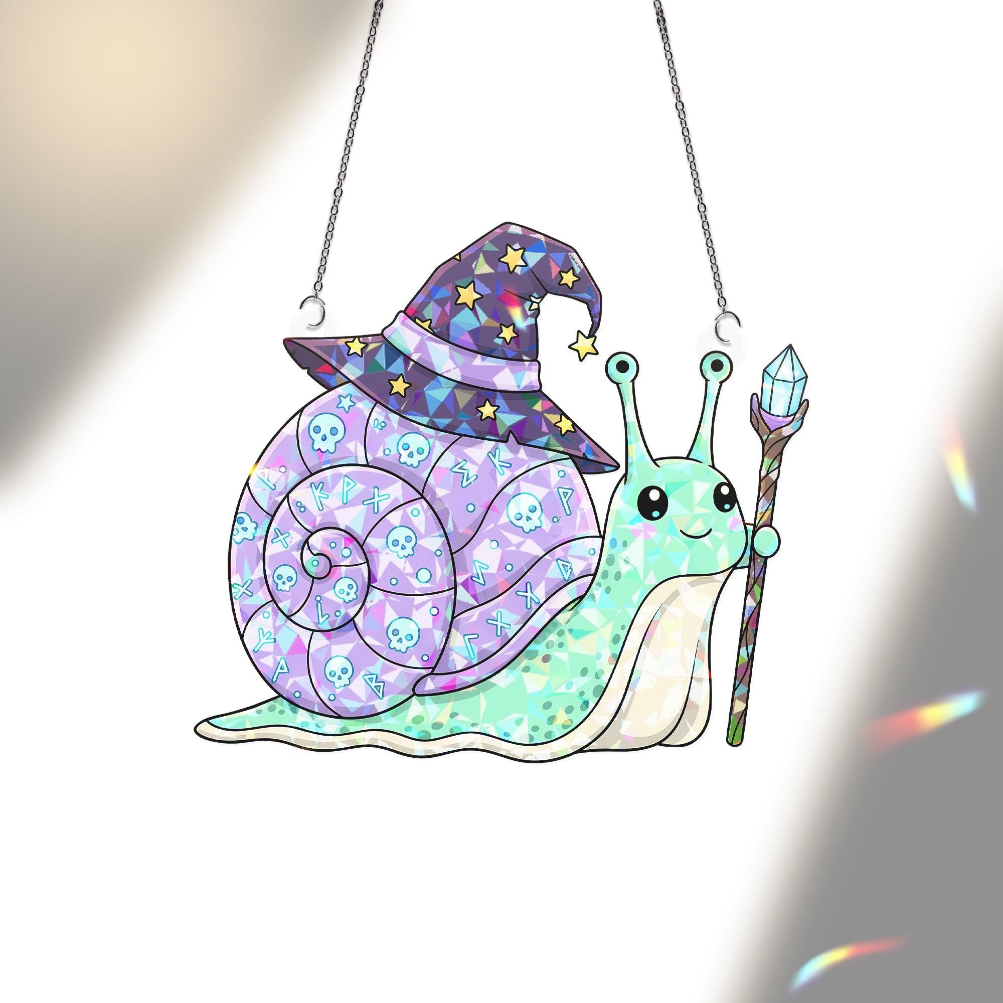 Cute Wizard Snail Suncatcher – Magical Window Hanging with Hat & Staff – Fantasy Crystal Decor