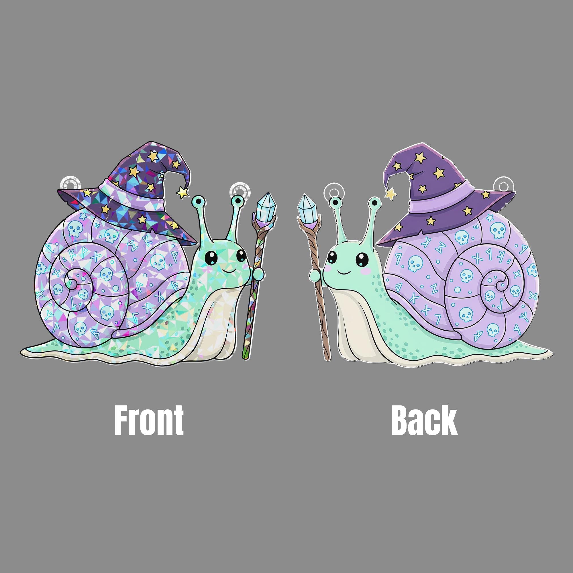 Cute Wizard Snail Suncatcher – Magical Window Hanging with Hat & Staff – Fantasy Crystal Decor