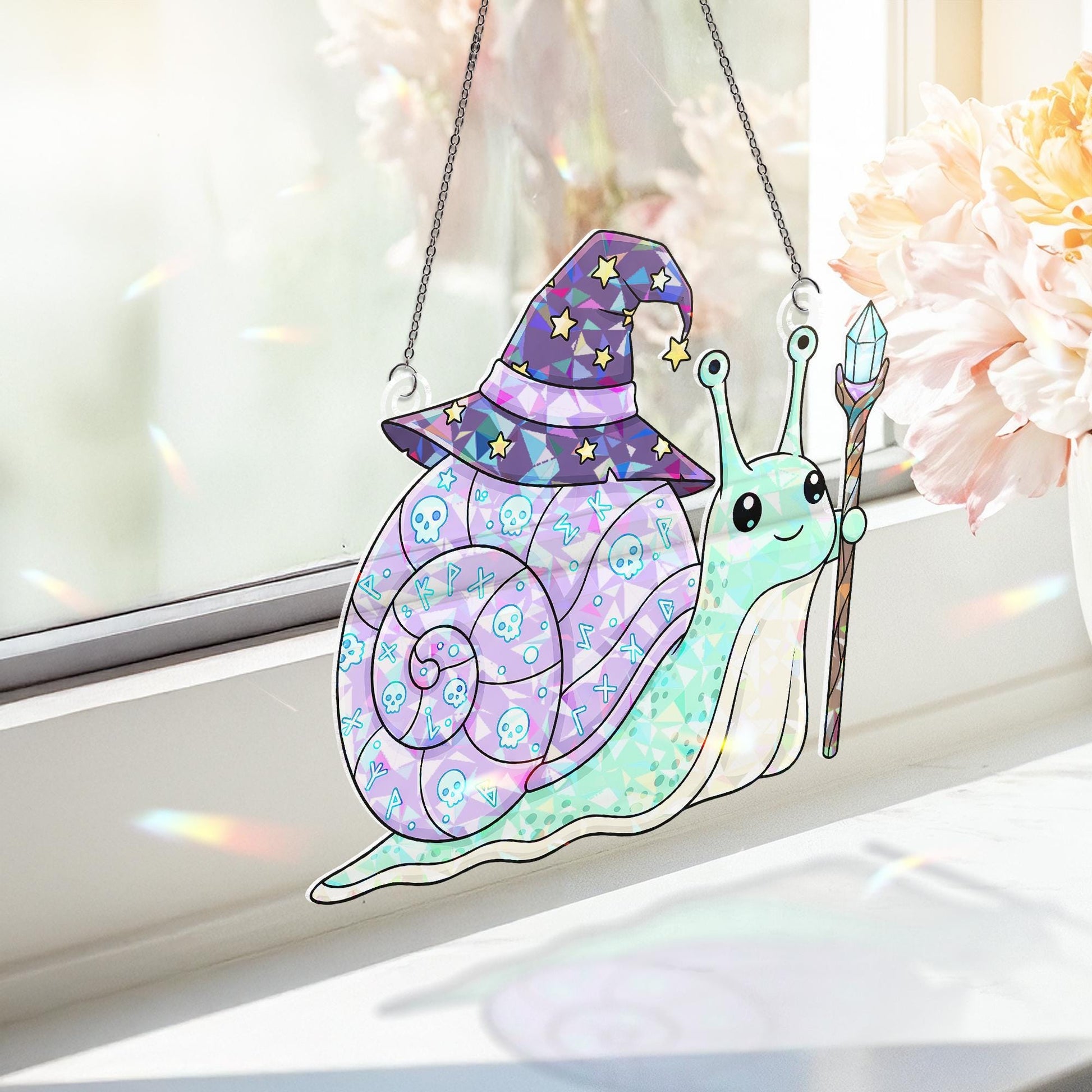 Cute Wizard Snail Suncatcher – Magical Window Hanging with Hat & Staff – Fantasy Crystal Decor