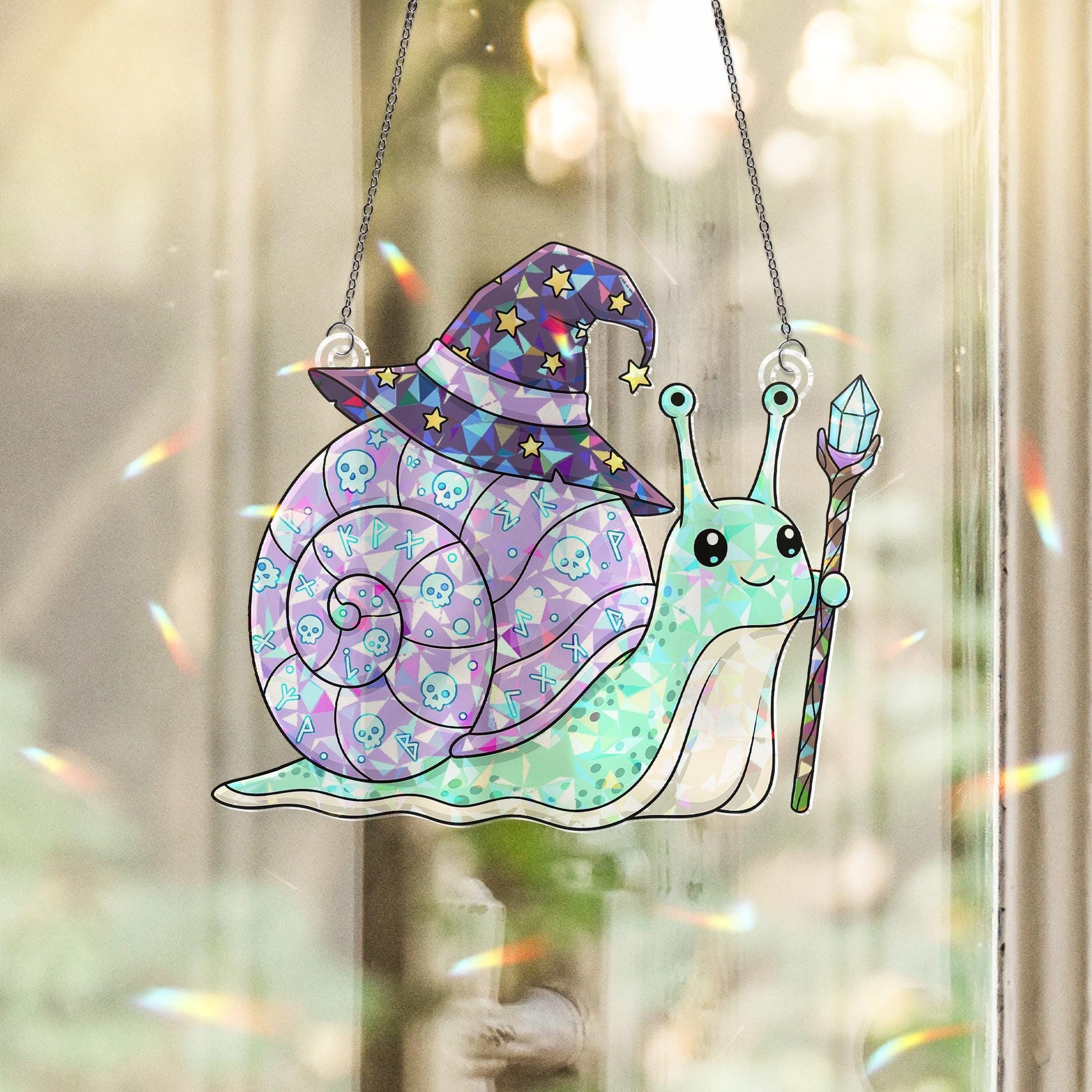 Cute Wizard Snail Suncatcher – Magical Window Hanging with Hat & Staff – Fantasy Crystal Decor