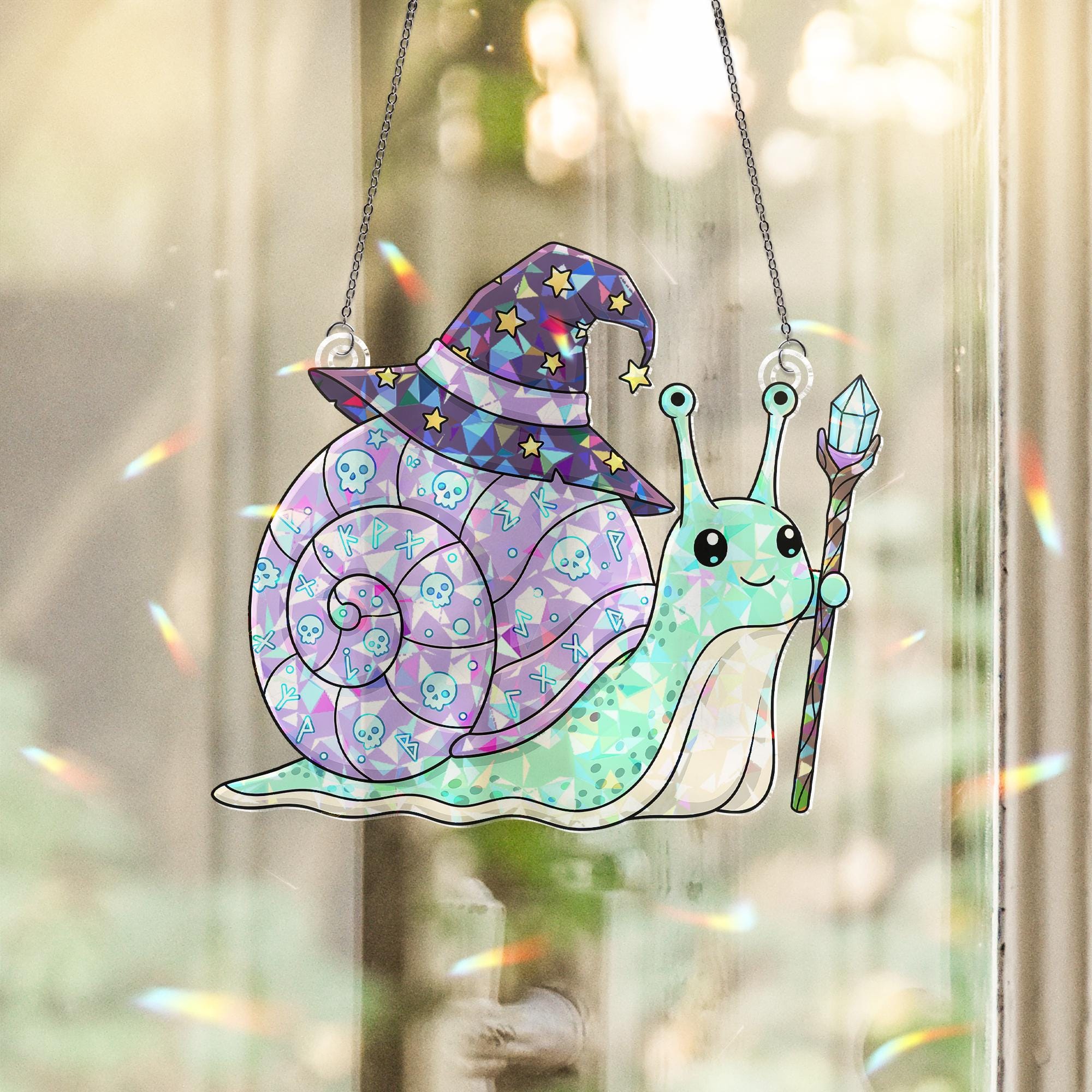 Cute Wizard Snail Suncatcher – Magical Window Hanging with Hat & Staff – Fantasy Crystal Decor
