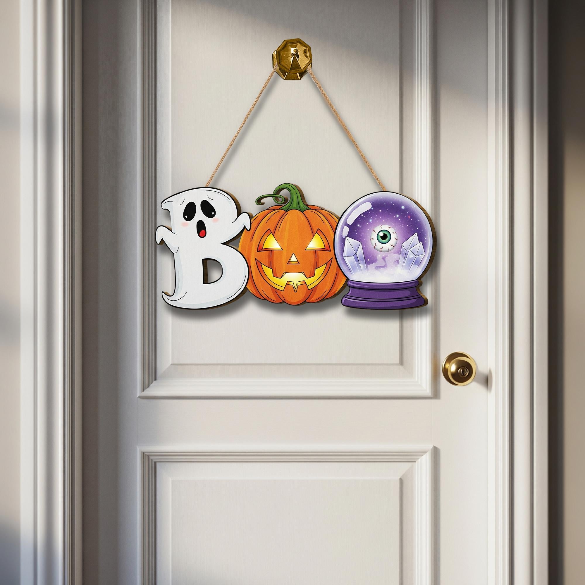 BOO Halloween Door Sign – Cute Ghost Pumpkin Crystal Ball Hanging Decor – Fun Fall Wall Sign