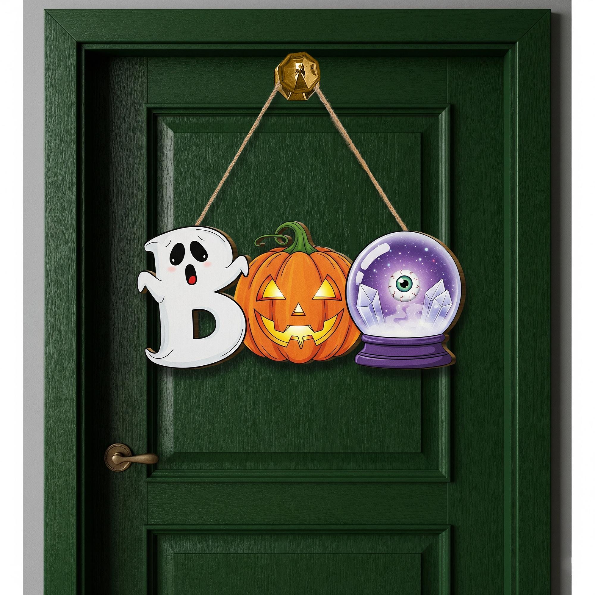 BOO Halloween Door Sign – Cute Ghost Pumpkin Crystal Ball Hanging Decor – Fun Fall Wall Sign