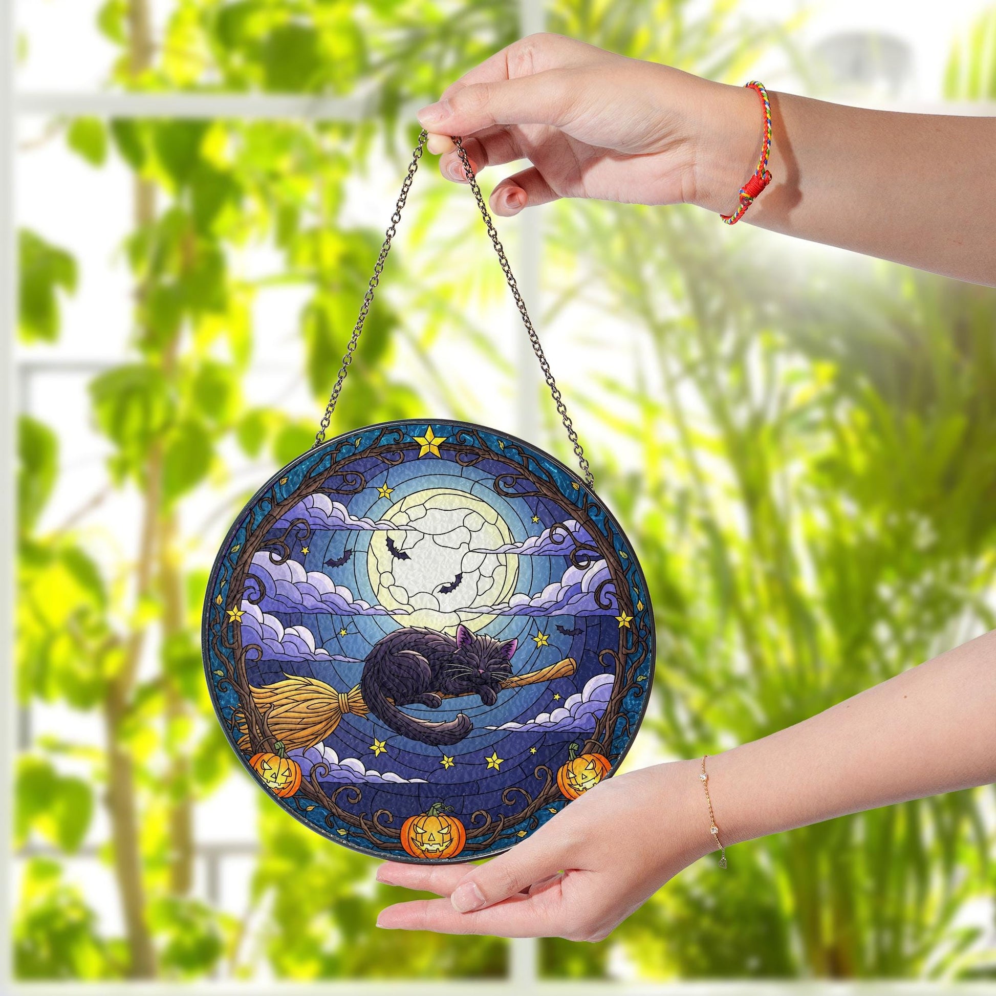 Black Cat Suncatcher – Halloween Witch Cat on Broom Window Hanging – Full Moon Stained Glass Decor
