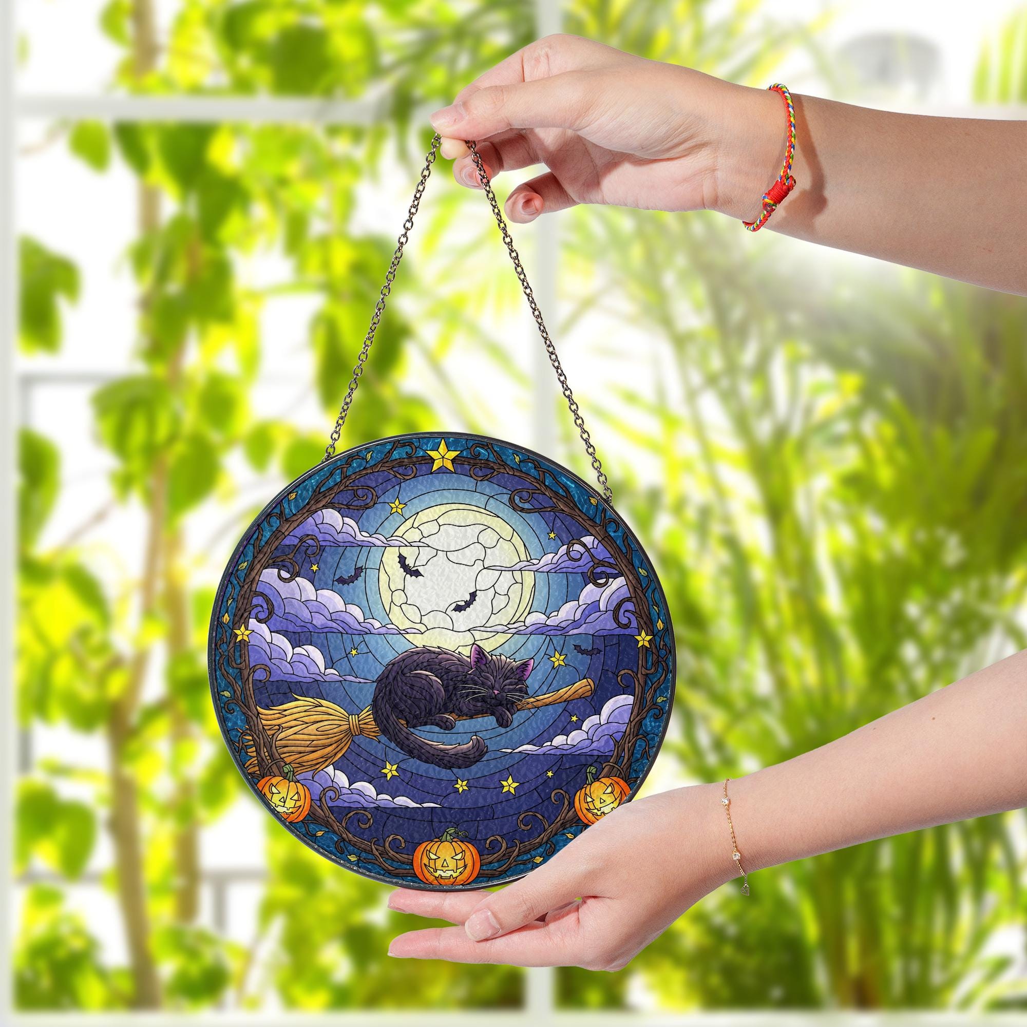 Black Cat Suncatcher – Halloween Witch Cat on Broom Window Hanging – Full Moon Stained Glass Decor