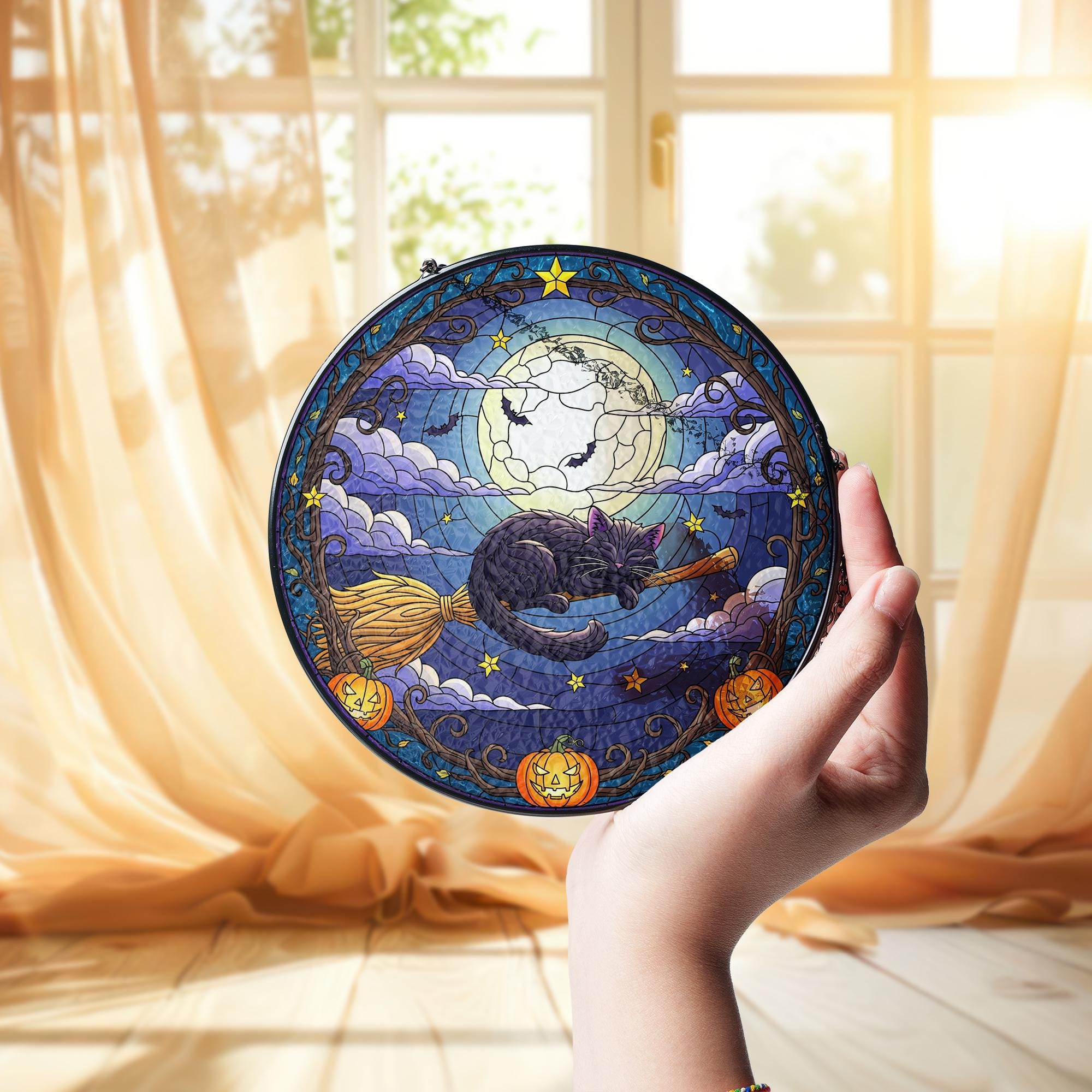 Black Cat Suncatcher – Halloween Witch Cat on Broom Window Hanging – Full Moon Stained Glass Decor