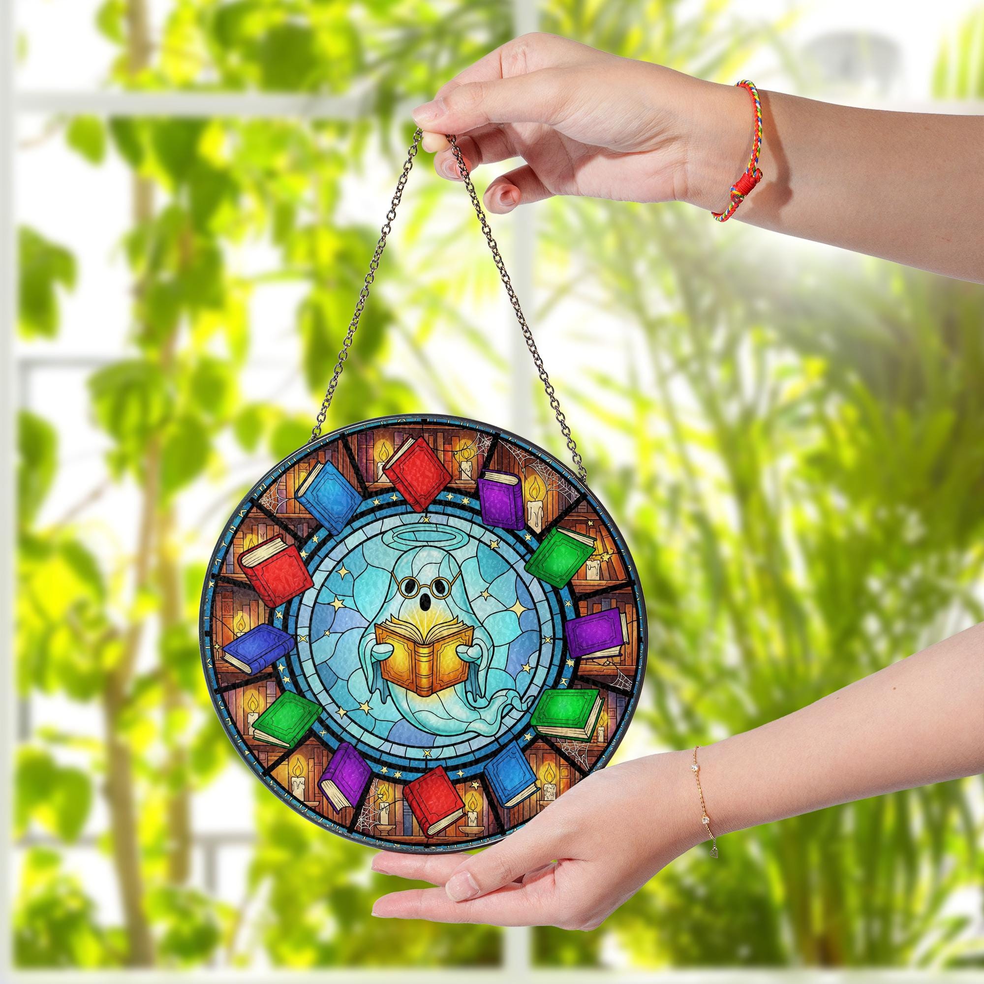 Reading Ghost Suncatcher – Cute Book Ghost Window Hanging – Colorful Stained Glass Library Decor