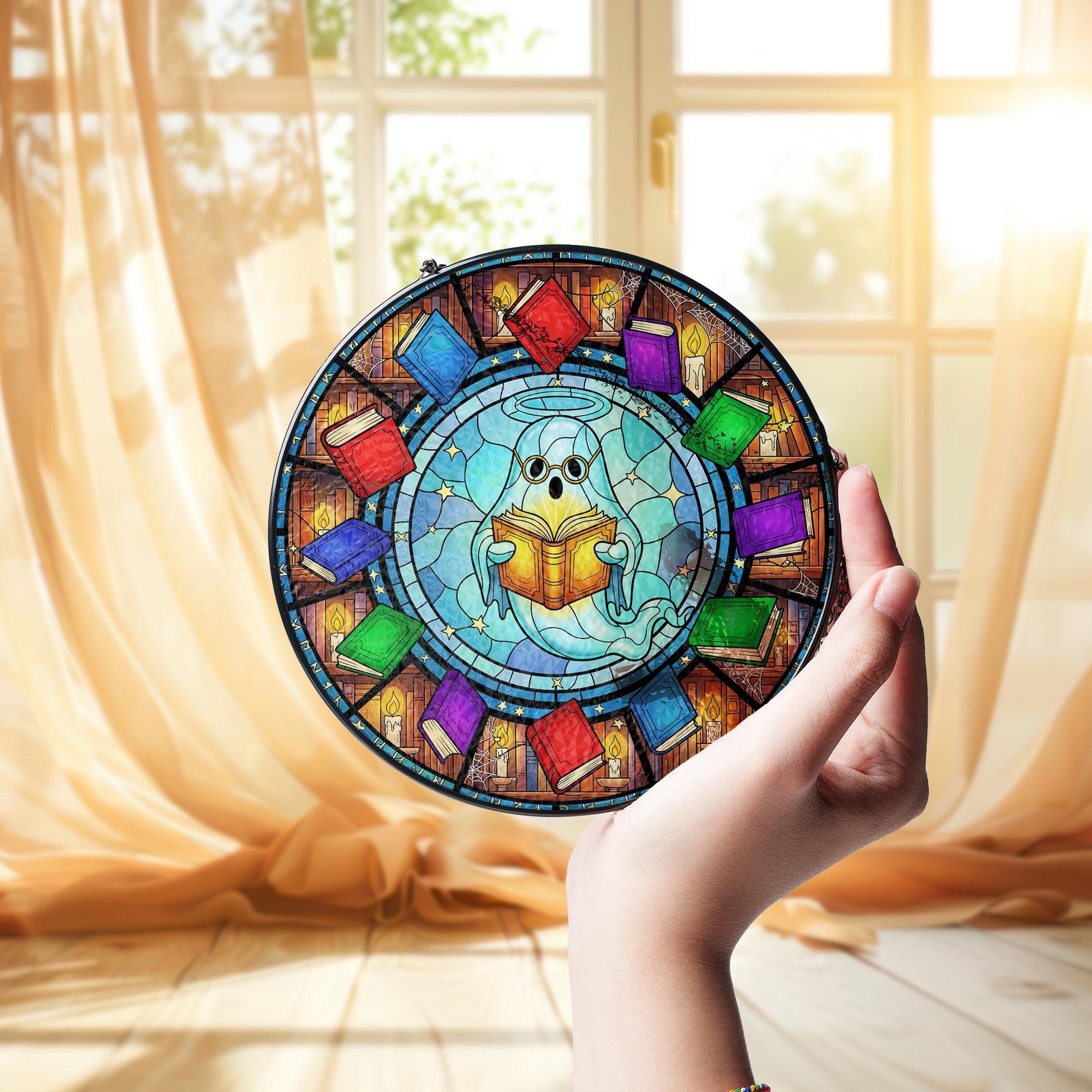 Reading Ghost Suncatcher – Cute Book Ghost Window Hanging – Colorful Stained Glass Library Decor