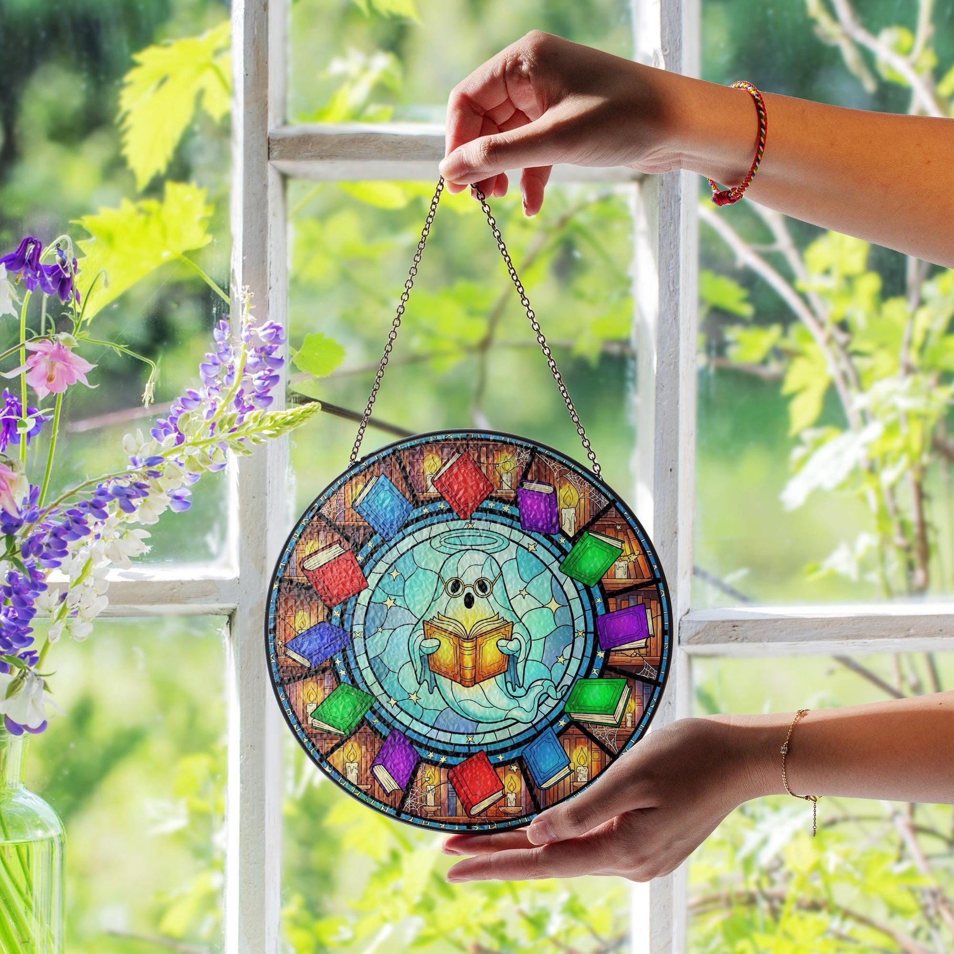 Reading Ghost Suncatcher – Cute Book Ghost Window Hanging – Colorful Stained Glass Library Decor