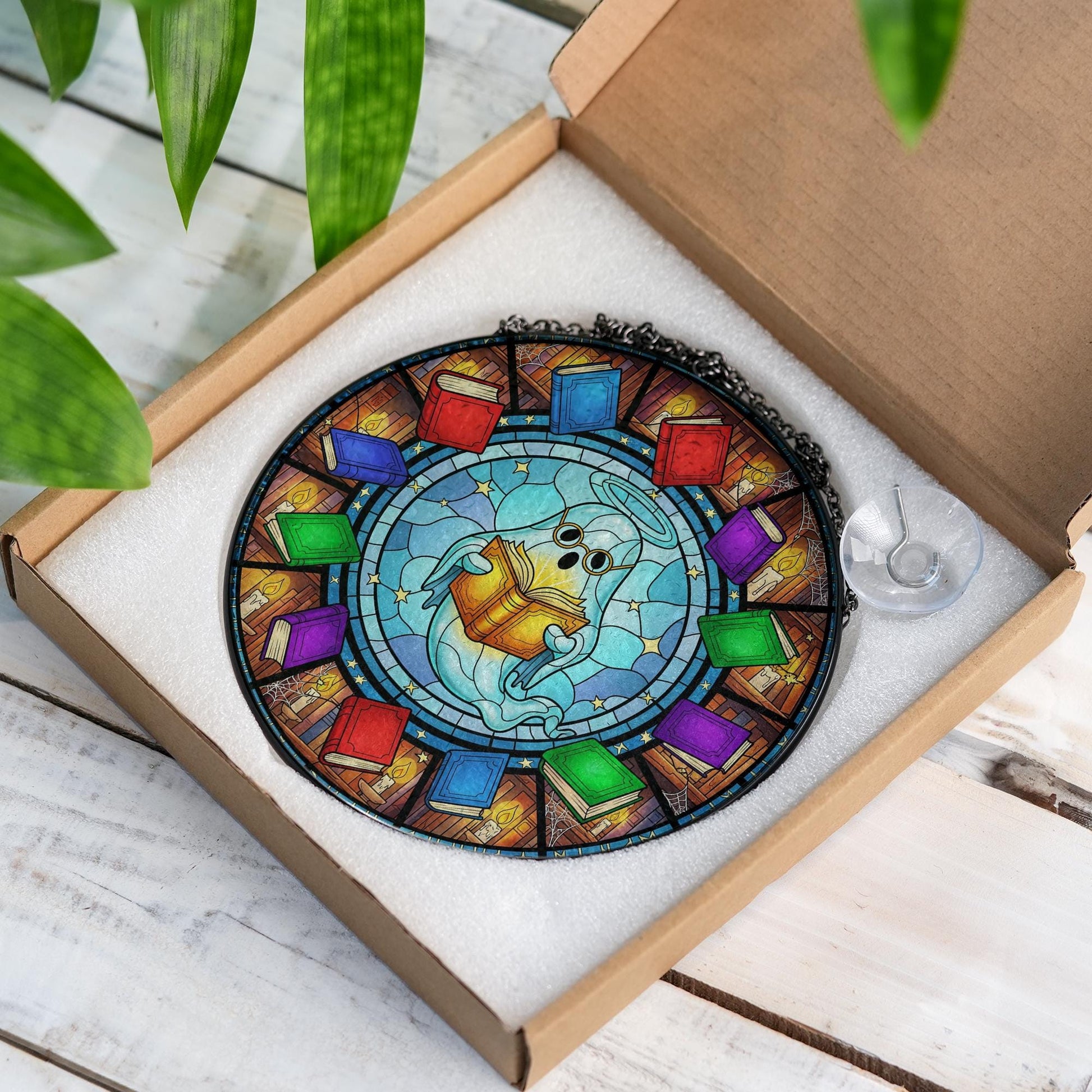 Reading Ghost Suncatcher – Cute Book Ghost Window Hanging – Colorful Stained Glass Library Decor