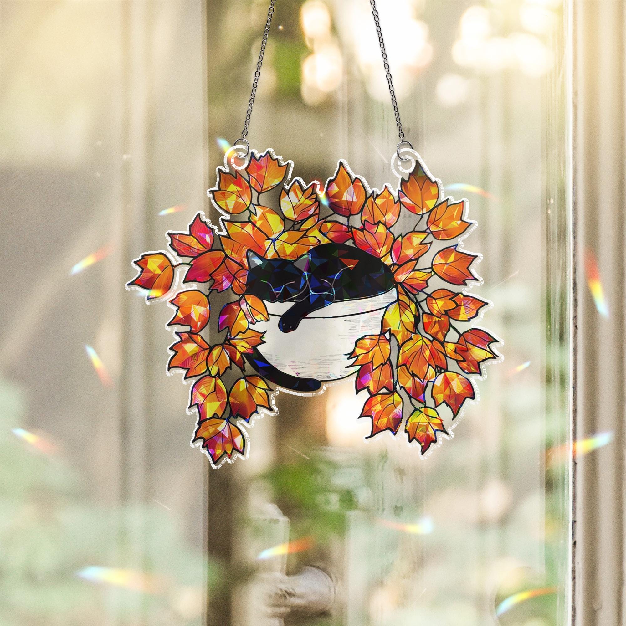 Black Cat Sleeping on Autumn Leaves Hologram Ornament | Cat ACRYLIC Window Hanging | Plant Lover Gift, Fall Plants Decor, Cozy Cat Decor