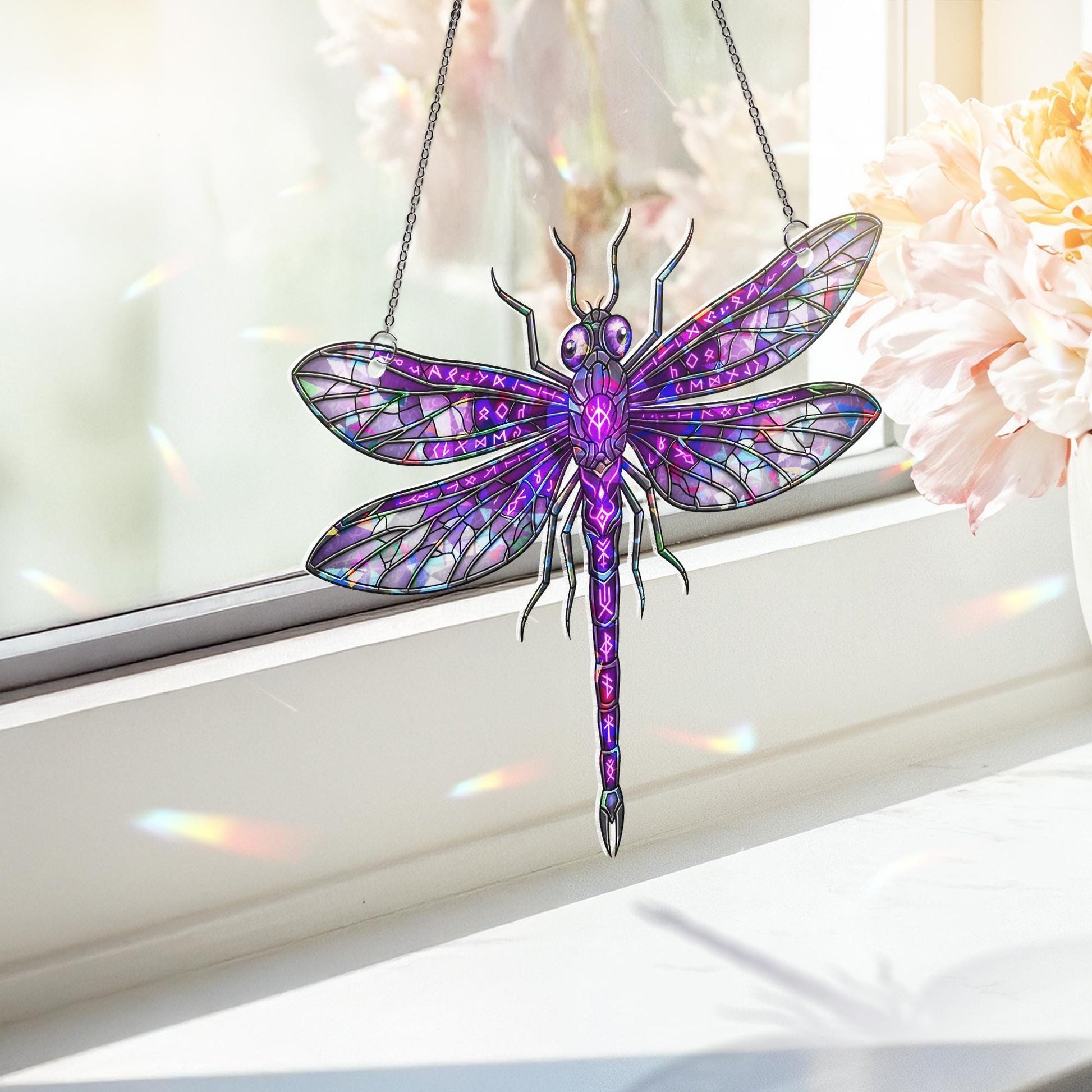 Purple Dragonfly Suncatcher Stained Glass Insect Window Hanging Boho Gothic Decor