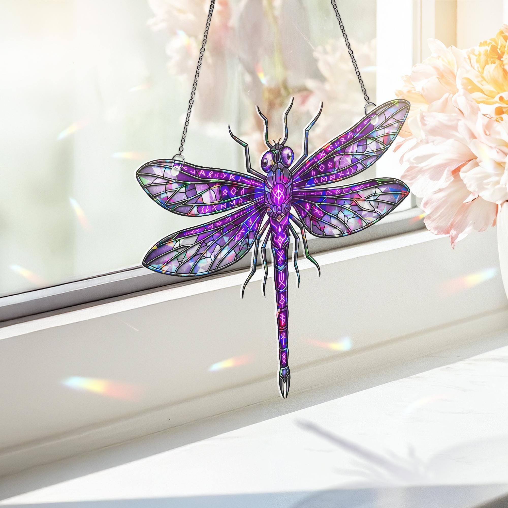 Purple Dragonfly Suncatcher Stained Glass Insect Window Hanging Boho Gothic Decor