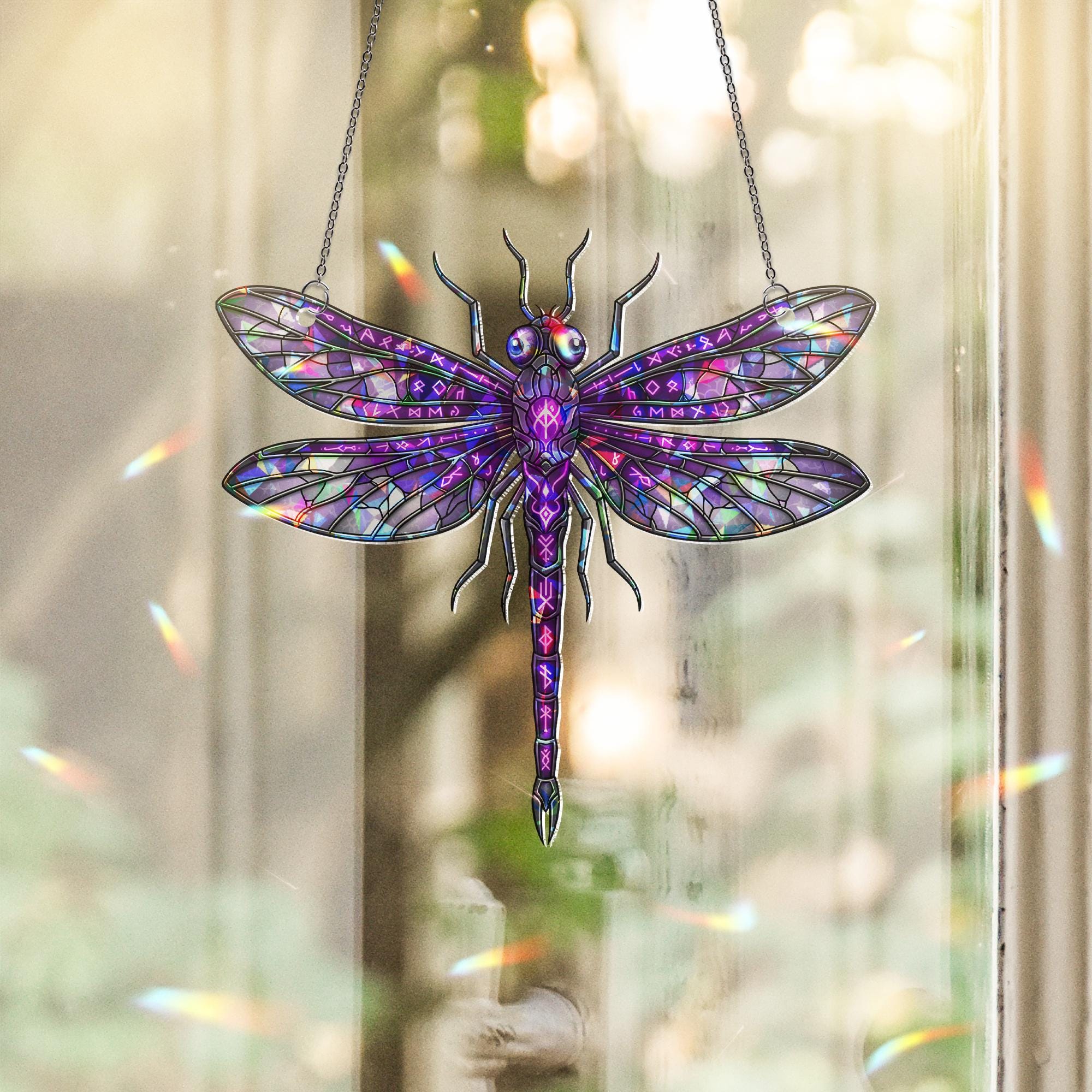Purple Dragonfly Suncatcher Stained Glass Insect Window Hanging Boho Gothic Decor