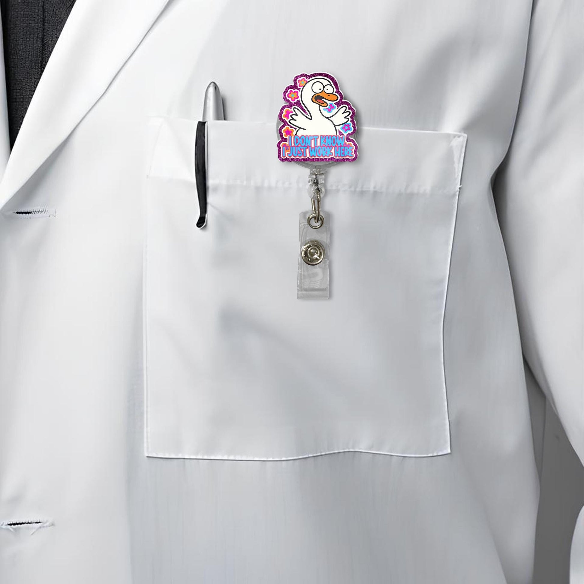 Funny Duck Badge Reel, Retractable ID Holder, Nurse Badge Clip, Coworker Gift, Cute Office Lanyard, I Just Work Here Quote